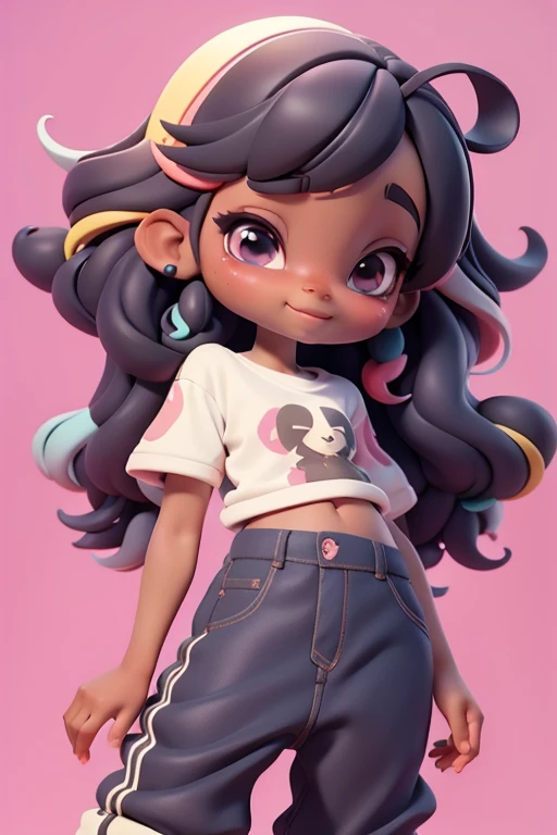 Avatar loli negra multicolor, tons multicolor, sorriso meigo e delicado,  vestida com moletom, pants and t-shirt, corpo inteiro, pele escura e olhos delicados e definidos,cartoon 3D com blusa delicada, casaco peludinha, cabelos multicolor, fundo simples e branco