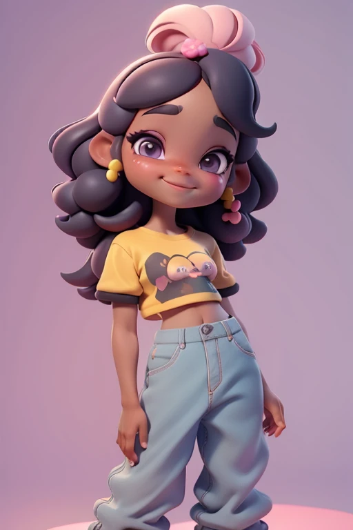 (obra-prima), (melhor qualidade), (ultra-detalhado), (corpo inteiro: 1.2) cute menira, liso, encaracolado ,pants and mini blouse, sorriso claro, corpo inteiro, :3, cabelo mesclado, curto, preso, pavor, moderno, Modern accessories, fundo tom pastel , colorido e simples.