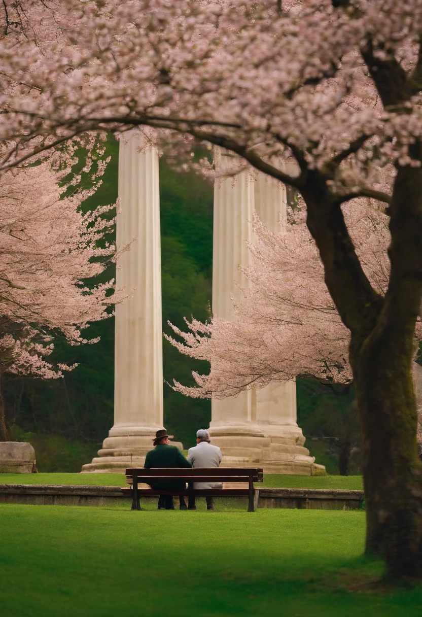 a green hill surrounded by cherry blossom trees, on the hill a bench, around it three columns like in ancient Rome, a man sits and ponders on the bench while smoking a pipe