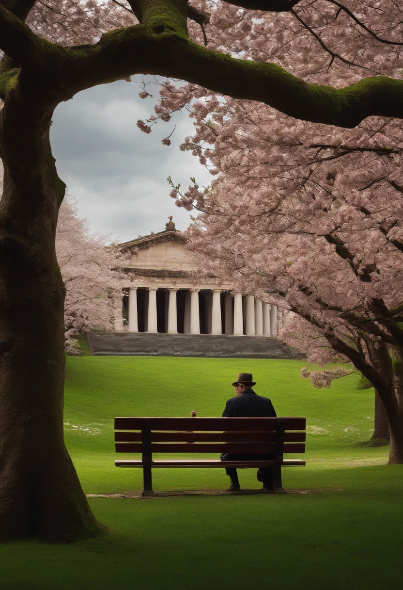 a green hill surrounded by cherry blossom trees, on the hill a bench, around it three columns like in ancient Rome, a man sits and ponders on the bench while smoking a pipe