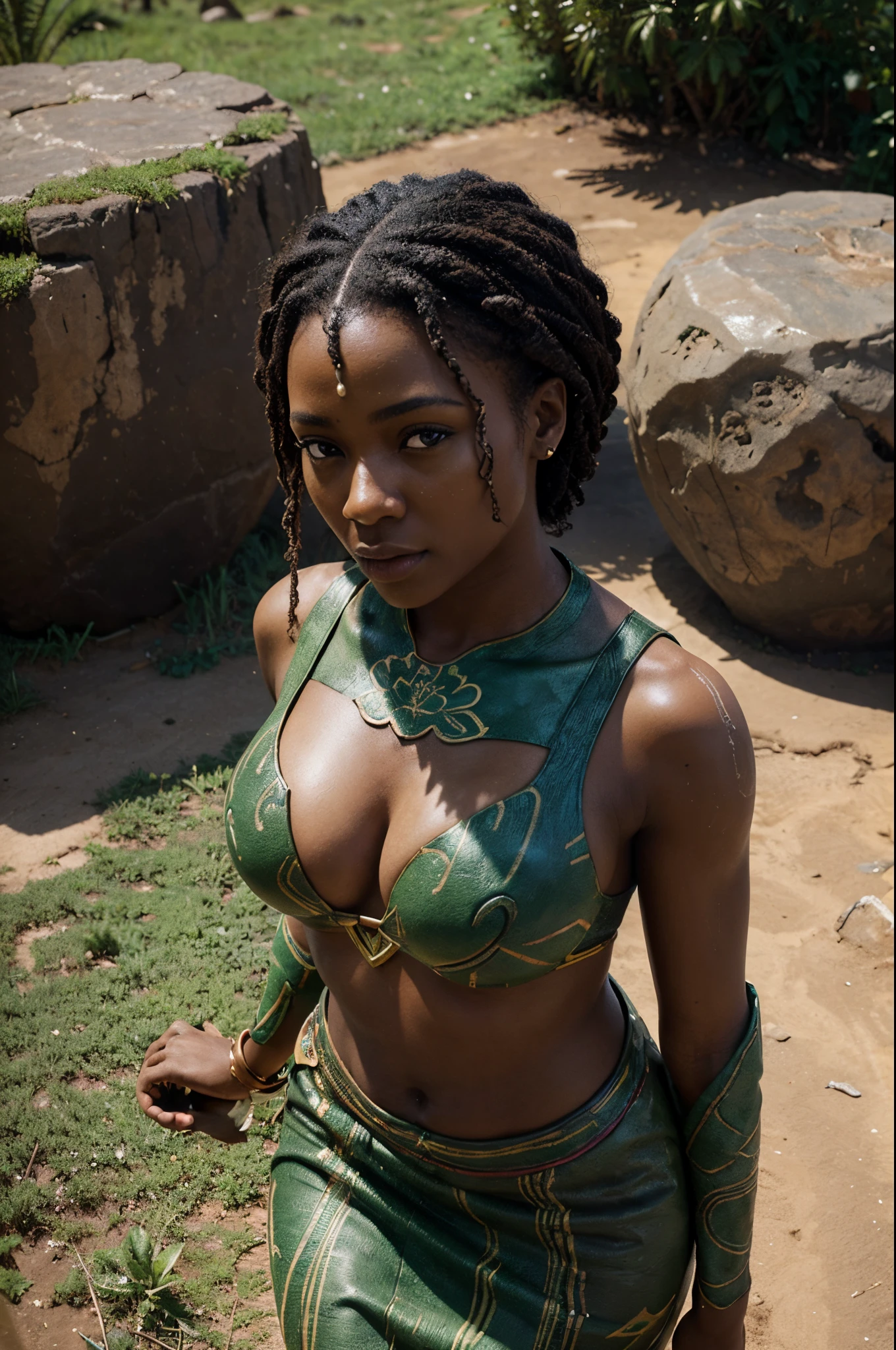 Aerial view shot of a ground sculpture, logo style,a breathtaking image of an African woman with African designed attire on, mixed with sculpture of natural vegetation and climate, a blend of colours grey and green, beautiful aerial sculpture image, 32k, ultra HD, unreal engine rendered, cinematic lighting, artgerm style
