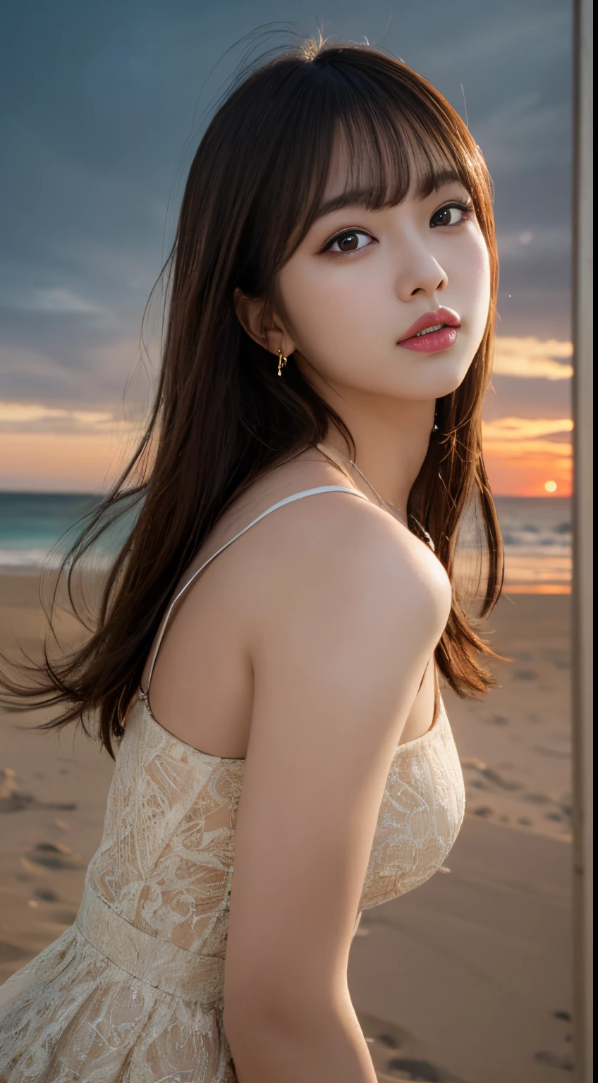 masutepiece, Best Quality, Illustration, Ultra-detailed, finely detail, hight resolution, 8K Wallpaper, Perfect dynamic composition, Beautiful detailed eyes, Wear a dress, Natural Color Lip,Beach, Random and cute poses, flowing bangs, Sunset，small tits，beauty legs,KPOP Idol Face,Perfect and beautiful face,Cute,Cinematic lighting