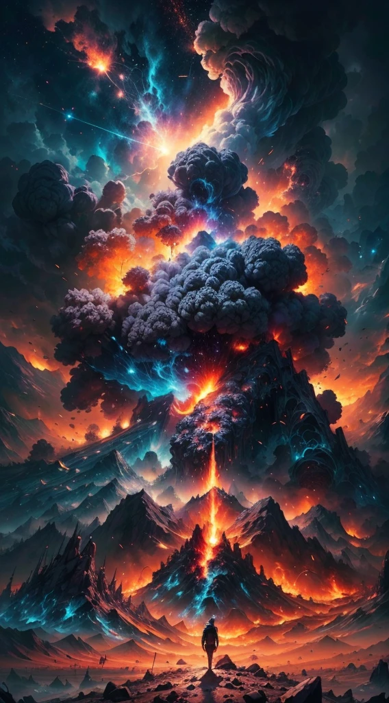 image of the last day on earth, standing on the mountain、A man looking up at a huge burning meteor that is about to arrive, Orange sky, beauty of apocalypse, from behind, Anime style, explosions, impactful, Man looking at a burning asteroid falling to Earth leaving a diagonal of fire and smoke (Best Quality, 8K,hight resolution, masutepiece:1.2), Ultra-detailed, Realistic:1.37, nffsw, Vivid colors, Concept Artist, Sharp Focus, strong lighting.