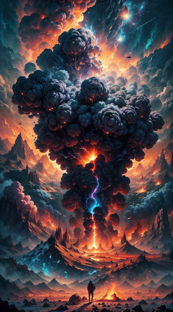 image of the last day on earth, standing on the mountain、A man looking up at a huge burning meteor that is about to arrive, Orange sky, beauty of apocalypse, from behind, Anime style, explosions, impactful, Man looking at a burning asteroid falling to Earth leaving a diagonal of fire and smoke (Best Quality, 8K,hight resolution, masutepiece:1.2), Ultra-detailed, Realistic:1.37, nffsw, Vivid colors, Concept Artist, Sharp Focus, strong lighting.