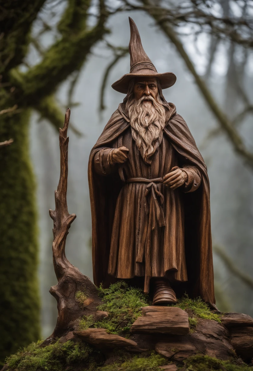 spiked statue of a man with hat and beard, wooden statue, Thematic Assistant, of an evil tree wizard, escultura em madeira, gandalf from lord of the rings, mago masculino, Retrato de um bruxo, escultura de madeira, escultura em madeira profissional, esculpido em madeira, arte em madeira, bruxo ponderando seu orbe, escultura feita de madeira, Gandalf, O Assistente, mago, neve a cair por todo lado.
