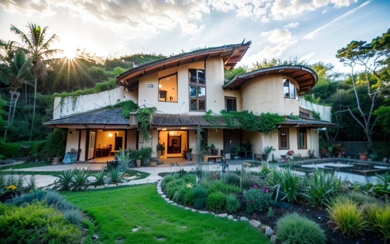 A photograph of a symmetrical contemporary house with (((green roof))) and (((biological pool))) in a tropical backyard, white plaster walls (((rustic clay stucco))), ((corner walls rounded)), ((rustic clay plaster)), (((white walls with rounded corners, organic curves))), (((rustic earth plaster, mud))), (((wave-shaped green roof with wooden edge))), (((wooden roof structure, wooden rake, wooden fascia board))), eaves, porch with wooden pillar, ((roof with wooden structure)), In Bali (((Tropical garden))) , ((natural houses, organic buildings, organic architecture)), Ecovillage, sustainable architecture, Bioconstruction, solarpunk architecture, (((grass roof, green roof, green wave roof, rounded roof, vegetated roofs))), ( (green architecture)), Passive house, (((Rock Foundation))), Clear sky in the background, painful beauty, modern, imposing, green house, ((Bali Hadid Style)), super resolution, cinematic, color grading , editorial photography, photography, photo shoot, (((dramatic front eye top angle view))), O 50mm, depth of field, intricate details, natural colors, sharp focus, warm light, shutter speed 1/1000 , F/22 , White Balance, Ray Trace Reflections, Lumen Reflections, Screen Space Reflections, Diffraction Rating, Chromatic Aberration, GB Shift, Partial Lighting, Backlighting, Daylighting, Scan Lines, ambient occlusion, antialiasing, shaders, OpenGL-Shaders, GLSL-Shaders, Post-processing, post-production, shading, tone mapping, incredibly detailed and complex, hypermaximalist, elegant, hyperrealistic, super detailed, dynamic pose, Fujifilm XT3