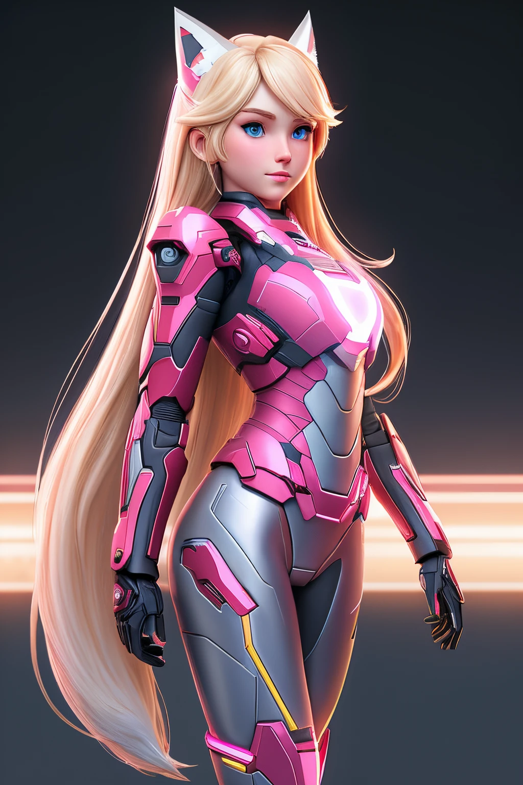 close up 1girl in, teenager, Solo, Aesthetic artwork, blond, straight blonde hair, super long blonde hair, light blue eyes,  some small freckles, pale skin, medium breasts, runners body, (thin hips, thin waist: 1.25), detailed skin, neutral face, shy smile, (action shot hero pose: 1.25), ((She(Side View), full body shot, she is wearing a futuristic Iron Man mech, black and pink color scheme, highly detailed)), (white fox ear:1.25), very detailed city roof background, rooftop, overlooking midnightcity, 24mm, 4k textures, soft cinematic light, RAW intricate, elegant, highly detailed, sharp focus, ((((cinematic look)))), soothing tones, insane details, intricate details, hyperdetailed, low contrast, soft cinematic light, dim colors, exposure blend, hdr, faded