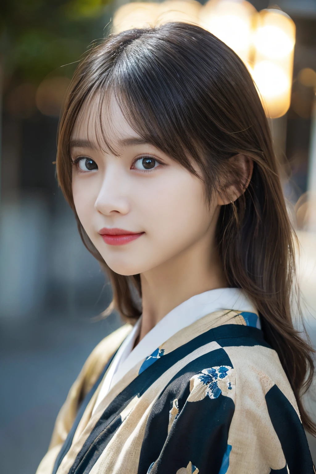 （Kimono）、randome pose、(top-quality,​masterpiece:1.3,超A high resolution,),(ultra-detailliert,Caustics),(Photorealsitic:1.4,RAW shooting,)Ultra-realistic capture,A highly detailed,High resolution 16K human skin close-up、 Skin texture is natural、、The skin looks healthy with an even tone、 Use natural light and color,女の子1人,japanes,33yo,kawaii,A dark-haired,Middle hair,,smil,,(depth of fields、chromatic abberation、、Wide range of lighting、Natural Shading、)、Cinematic lighting