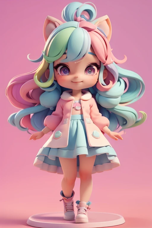 Avatar multicolor, tons multicolor, sorriso meigo e delicado, vestida com uma roupa detalhada, corpo inteiro, pele escura e olhos delicados e definidos,cartoon 3D com blusa delicada, casaco peludinha, cabelos multicolor, fundo simples e branco