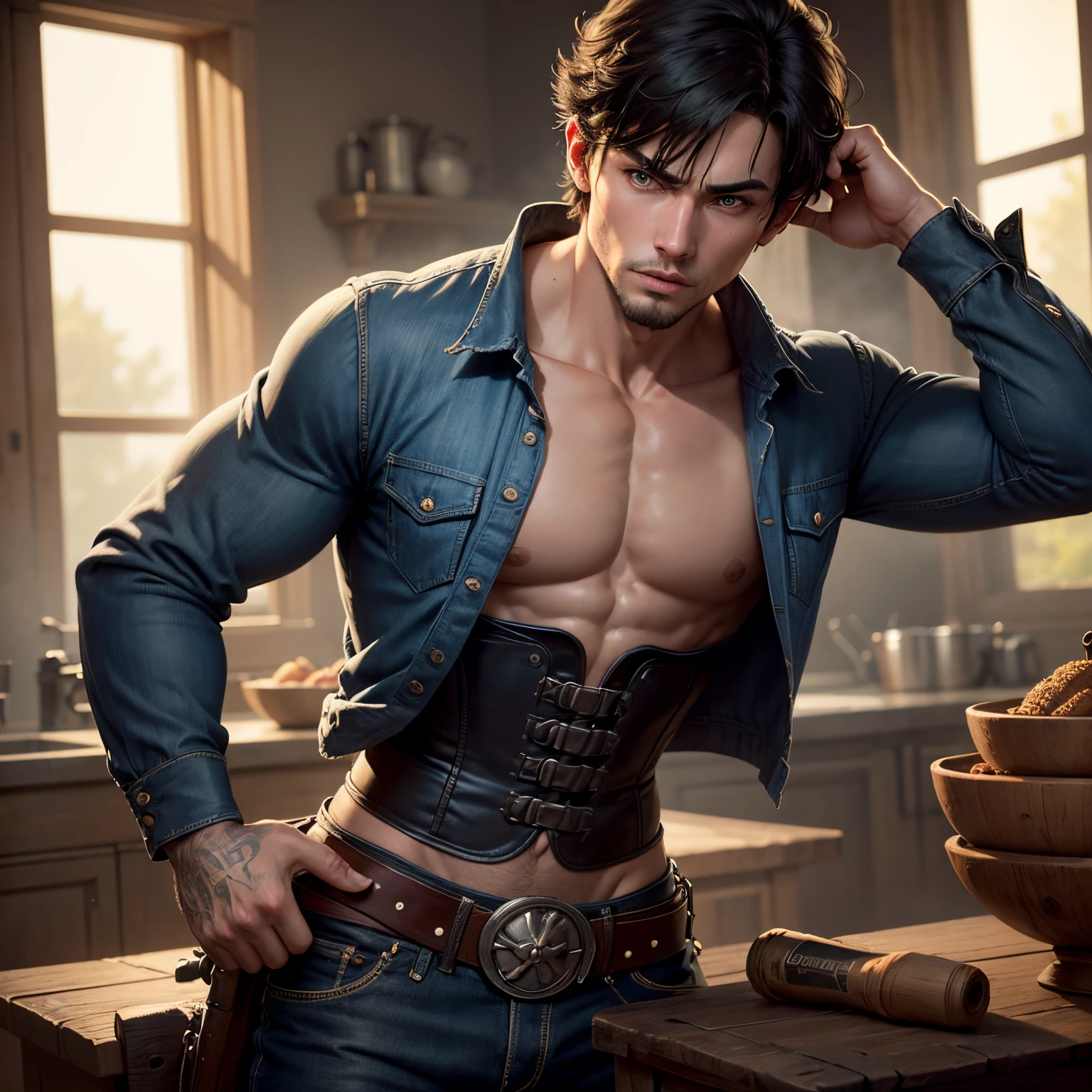 8k, masterpiece, best quality, realistic, higly detailed, cowboy shot, 1boy, solo, Fuutarou, young man, fair skin, black hair, bowl cut, two strands sticking up from the back of his head, bangs that cover his forehead, blue eyes, slim physique, tall build, tends to slouch, serious expression, scary and thuggish vibe, bad guy, waist trainer