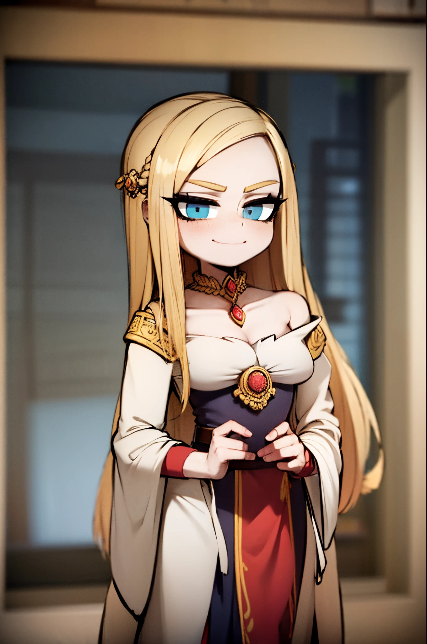 A young noblewoman looking up with a smug smirk