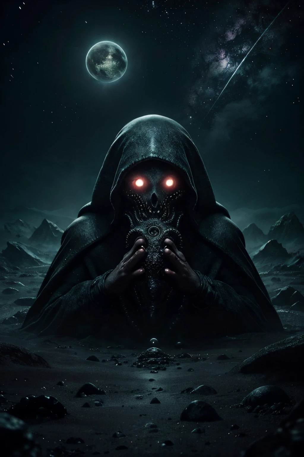 In der Mitte befindet sich ein Planet, Tentakel des Universums, Lovecrafts Inspiration, Lovecrafts kosmische Angst, Lovecraft's hellscape, Fantasy- und Weltraum-Horrorfilme, Lovecraft inspired atmosphere, Lovecraftianer, Planet im offenen Weltraum, keine Menschen