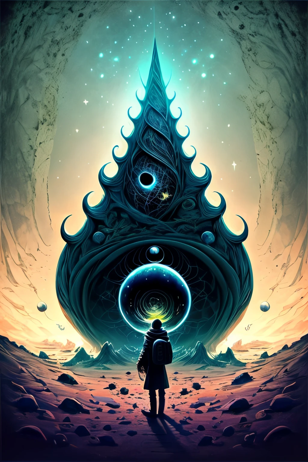 In der Mitte befindet sich ein Planet, Tentakel des Universums, Lovecraft-Inspiration, Lovecrafts kosmische Angst, Lovecraft's hellscape, Fantasy- und Weltraum-Horrorfilme, Lovecraft inspired atmosphere, Lovecraftianer, Planet im offenen Weltraum, keine Menschen