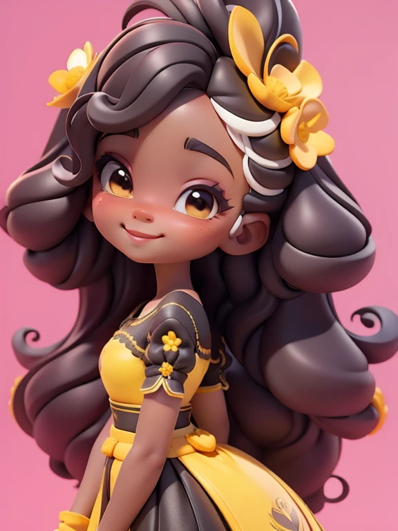 Avatar fada menina negra, tons amarelo e preto, sorriso meigo e delicado, asas brilhante, vestida com uma jardineira, corpo inteiro,pele clara e olhos delicados e definidos,cartoon 3D com blusa delicada,, casaco peludinha, cabelos multicolor, fundo simples e branco