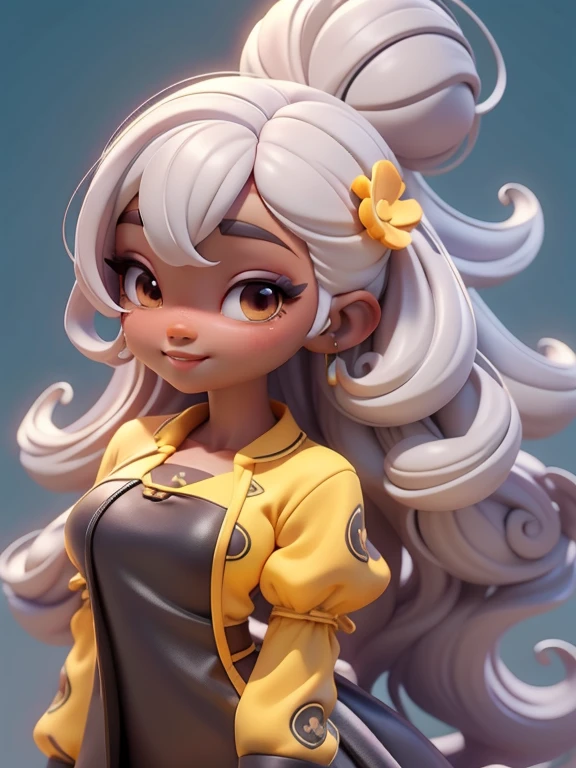 Avatar fada negra, tons amarelo e preto, sorriso meigo e delicado, asas brilhante, vestida com uma jardineira, corpo inteiro,pele clara e olhos delicados e definidos,cartoon 3D com blusa delicada,, casaco peludinha, cabelos multicolor, fundo simples e branco