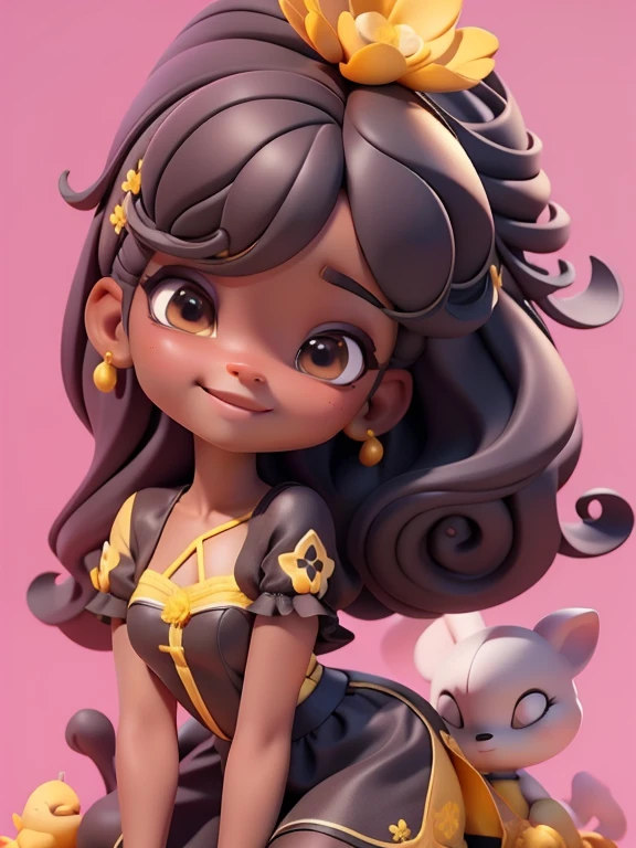 Avatar fada menina negra, tons amarelo e preto, sorriso meigo e delicado, asas brilhante, vestida com uma jardineira, corpo inteiro,pele clara e olhos delicados e definidos,cartoon 3D com blusa delicada,, casaco peludinha, cabelos multicolor, fundo simples e branco