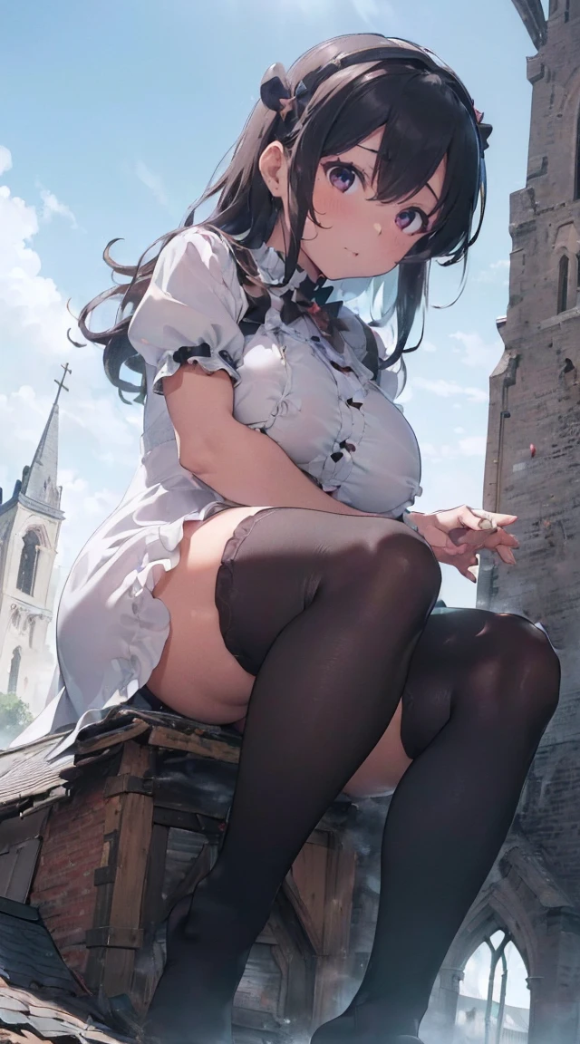 ((((Reaching Out 1.3)))),((((A city in ruins at your feet)))),((((Kneeling)))),Fantastic,long legged,(((A Princess))),(((((Full body depiction))))),((((Randomly sexy poses)))),((((Beautiful soles))))、((((Five fingers on a beautiful sole)))),Big Chest Ribbon,((Teary-eyed)),((((((Colossal tits)))))),((embarrassed from)),Blushing,(((((((Big girl sitting on the roof of the church beyond the tower))))))),((((lowfers)))),the Extremely Detailed CG Unity 8K Wallpapers,top-quality,ultra-detailliert,​masterpiece,realisitic,Photo Real,Bright lighting,extremely detailed cute girl,18year old,Innocent big eyes,A detailed eye,(Silvery hair),(shorth hair),(bangss),flawless skin,shinny skin,fair white skin,Fine skin,((((large full breasts)))),((((((plump thighs)))))),((perfect anatomia,nice hand,perfect hand,Five fingers connected to the palm of the hand,accurate hands without incongruity)),Show off panties、pantyshot、(((white frill princess dress costume)))、(((knee high socks))),front facing,(fumo),(fires),(((Rubble Town)))、Ground cracking,