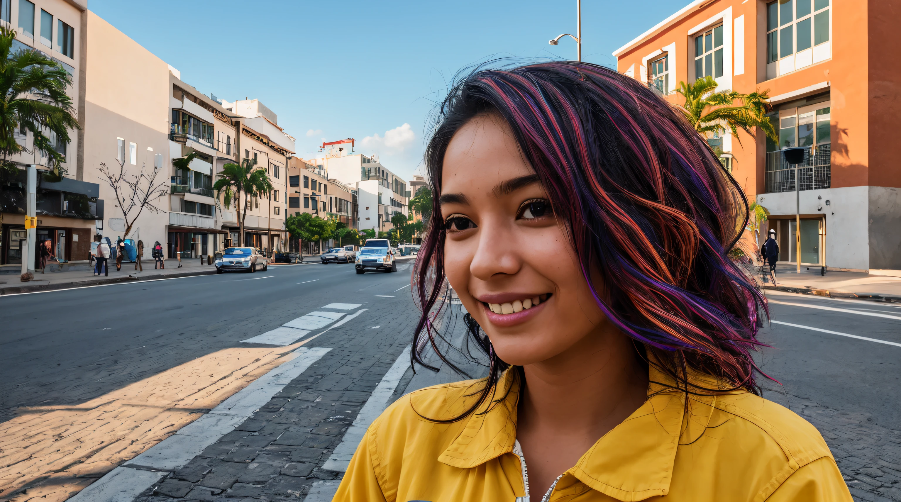 multicolored hair, crown, dashed eyes, smile, Hyperrealism, cinematic lighting, close-up, Ultra-Wide Angle, 135mm, Canon, best quality, high quality, super detail 20-year-old Brazilian student ambles through the bustling university campus. Dressed in lively attire, her carefree hair dances with the breeze. The details on her face showcase a mix of curiosity and focus. In the backdrop, murals of abstract and futuristic urban art contribute to the modern and inspiring ambiance. Engaged in conversations, she exudes a vibrant presence, navigating an academic environment that seamlessly fuses art, innovation, and learning.