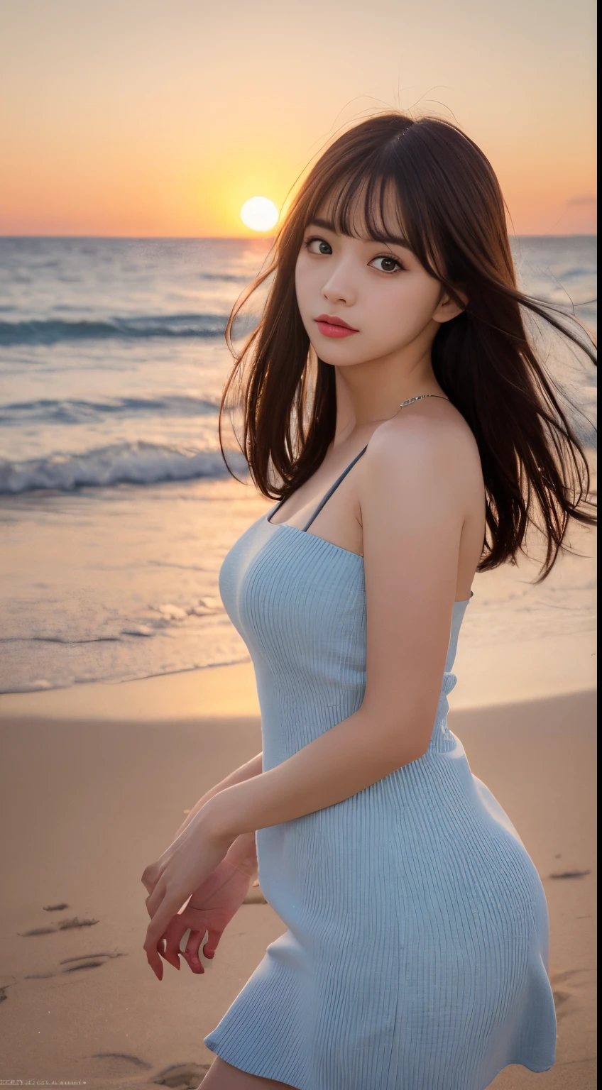 masutepiece, Best Quality, Illustration, Ultra-detailed, finely detail, hight resolution, 8K Wallpaper, Perfect dynamic composition, Beautiful detailed eyes, Wear a dress, Natural Color Lip,Beach, Random and cute poses, flowing bangs, Sunset,small tits,beauty legs,KPOP Idol Face,Perfect and beautiful face,Cute,Cinematic lighting