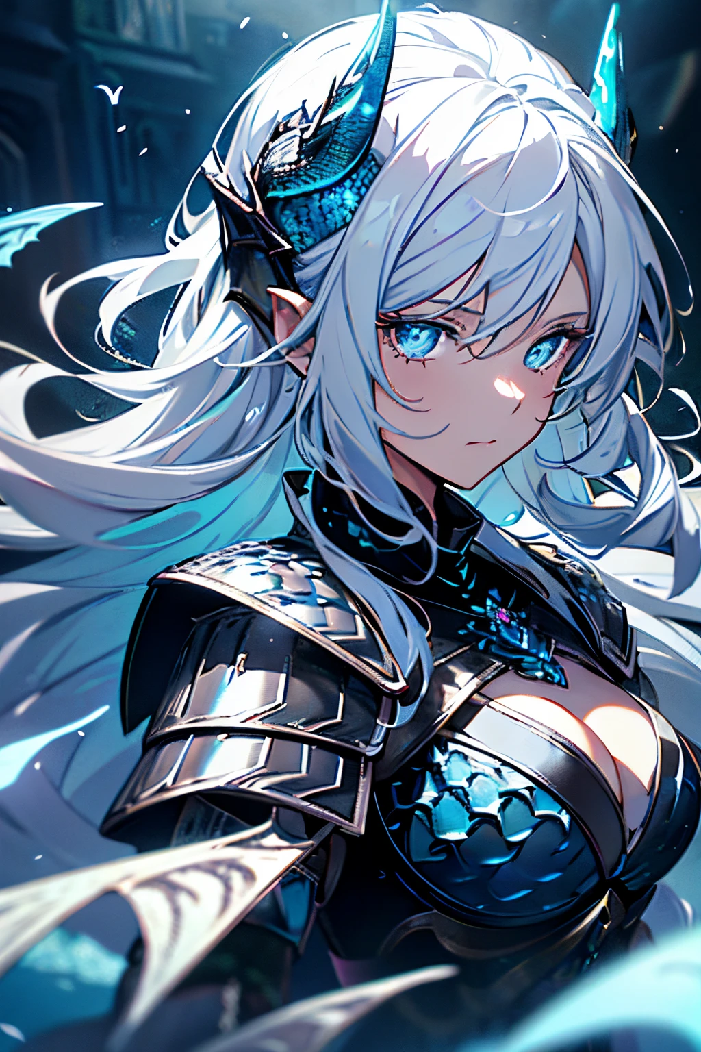 With white hair and Blue eyes,beautiful as a fairy,A melancholy expression that stirs affection,side face,floating hair,light particles,glare,vivid,fancy,dreamlike,a dim atomshpere, ((Dragon Girl)) ((Blue Horns)) ((Dark Fantasy)) ((Elden Ring)) ((Mature Woman)) (((Dragon Scales Armor)))