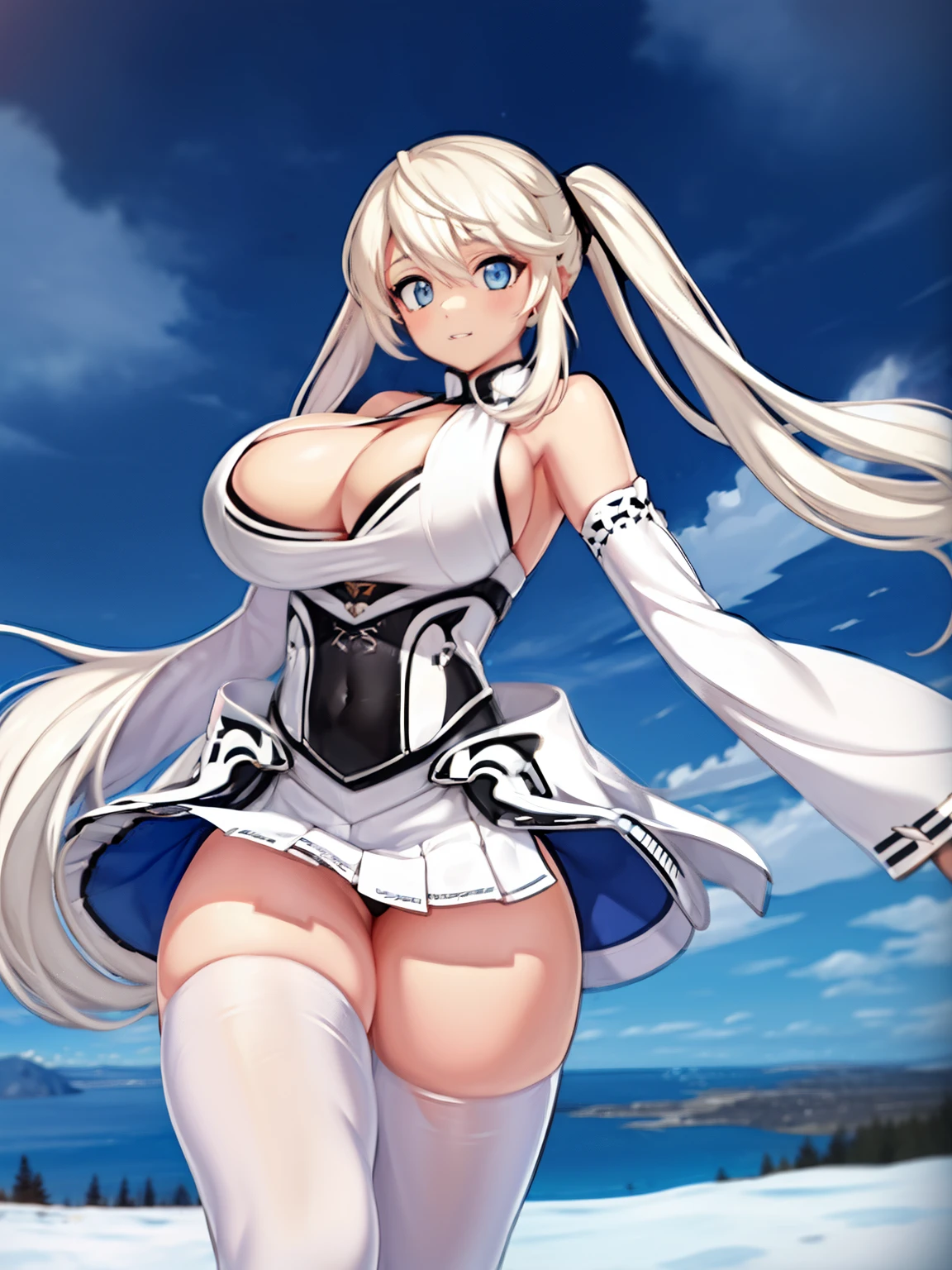  beautiful， Young woman， In the crystal and ice zone， drifting snow， White hours， Gradient hair， White hair， white hairs， twintail hair， eyes reflection， disdain， Ray traching， reflective light， blurry， Glowing light， depth of fields， lightand shade contrast， stereograms， zoom layer， cowboy lens， f/2.8， Bokeh， tmasterpiece， best qualtiy， high qulity， k hd，White stockings