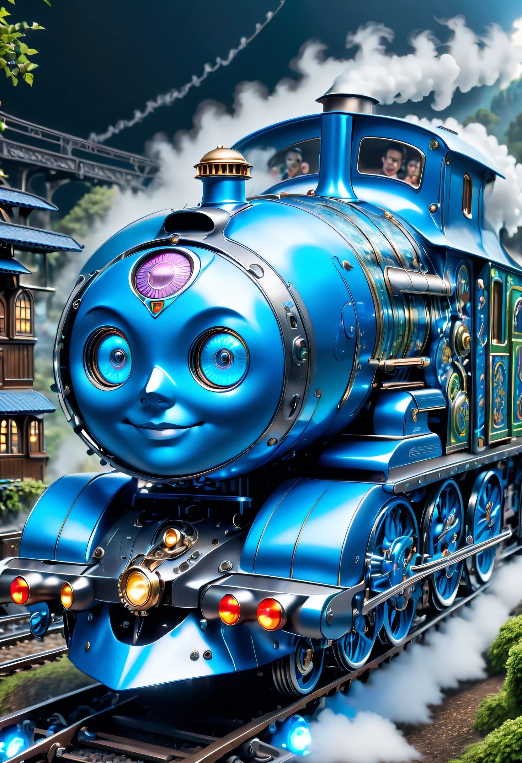 (Best quality at best, 8K, A high resolution, tmasterpiece: 1.2), ultra - detailed, A futuristic (Thomas the Little Train,blue steam train: 1.3), (中景 the scene is, Full body photo: 1.5), Colorful neon lights, High-tech mechanical parts, metal body, Detailed body and wheel designs, Running on the rails, electric green and bright blue, Dynamic glowing eyes, Reflective metal surface, ambiente dark, dynamicposes, The existence of evil, Technological progress, interlocking mechanical gears, Stylish and stylish design, motion blur effect, Meticulous craftsmanship, sci-fi vibes, Streamlined aerodynamic shape, Laser scanning pattern, holographic projections, LED light track, beautiful and unforgettable, Advanced sensors, complex algorithm, Ominous and mysterious atmosphere, electric sparks, Shiny chrome, Propulsion systems of the future, BJ_Gundam