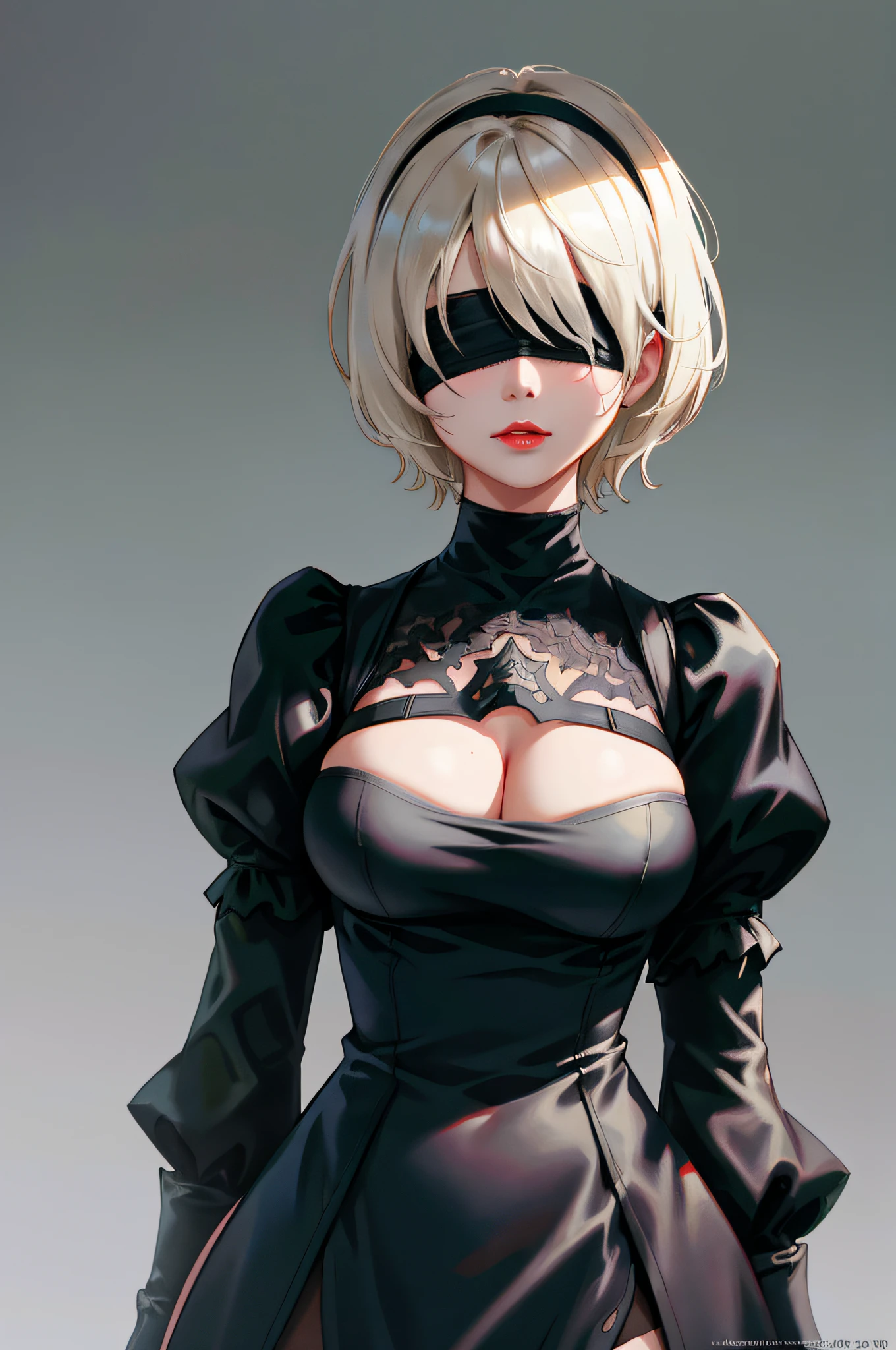 Yorha 2B,masutepiece, (Photorealistic:1.4), Best Quality, Beautiful lighting,1girl in, wlop, ((Blindfold)), breasts, cleavage, cleavage cutout, Clothes Cutout, Green background, hair between eye, shairband, hight resolution, juliet sleeves, Long sleeves, Nier \(Series\), Nier Automata, (Puffy sleeves), Red lips, Shaded face, Short hair, Solo, turtle neck, Upper body, white curly hair, Sky RAW Photos, 8K UHD, Film grain