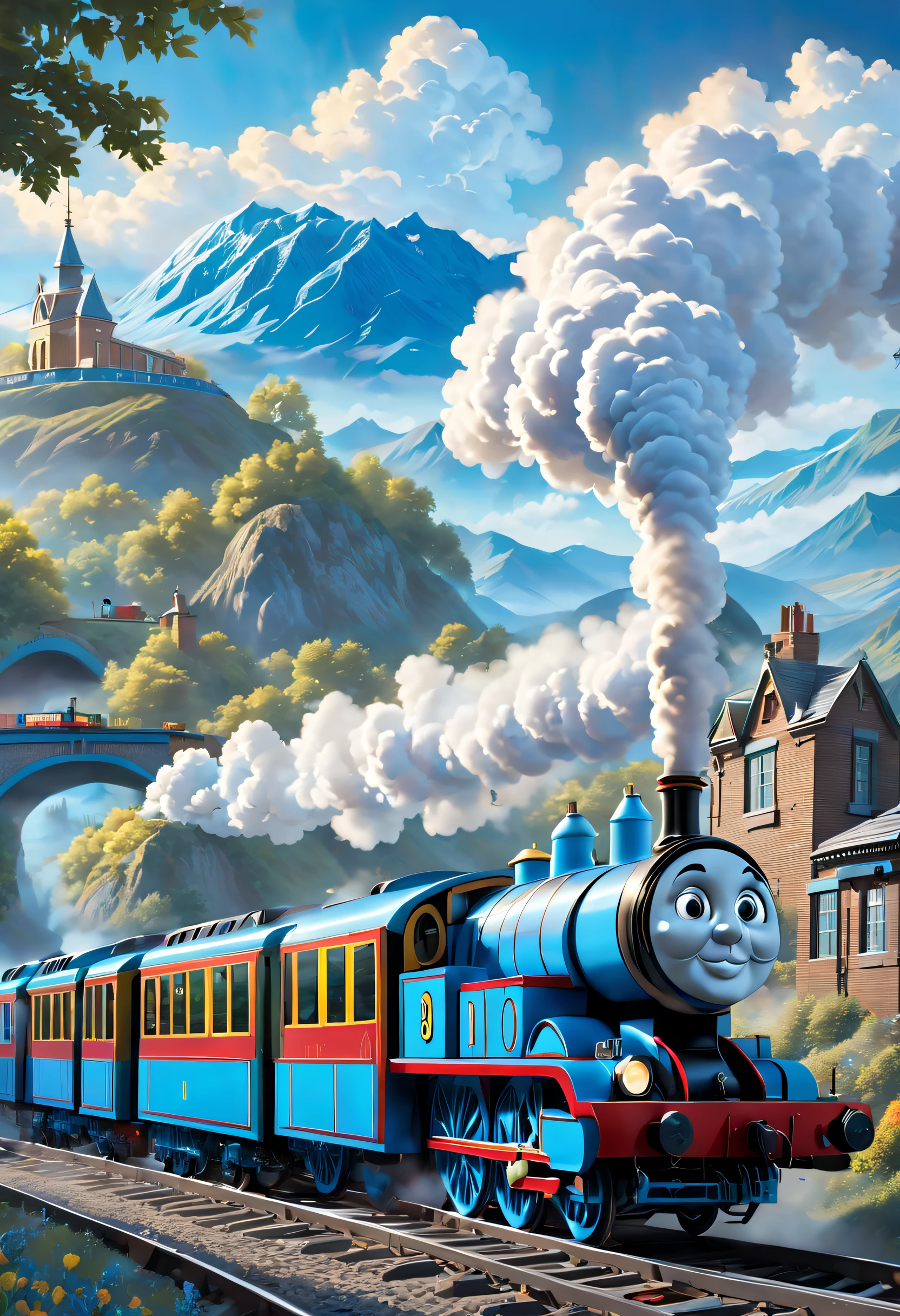 (Best quality at best, 8K, A high resolution, tmasterpiece: 1.2), ultra - detailed, A futuristic (Thomas the Little Train,blue steam train: 1.3), (中景 the scene is, Full body photo: 1.5)