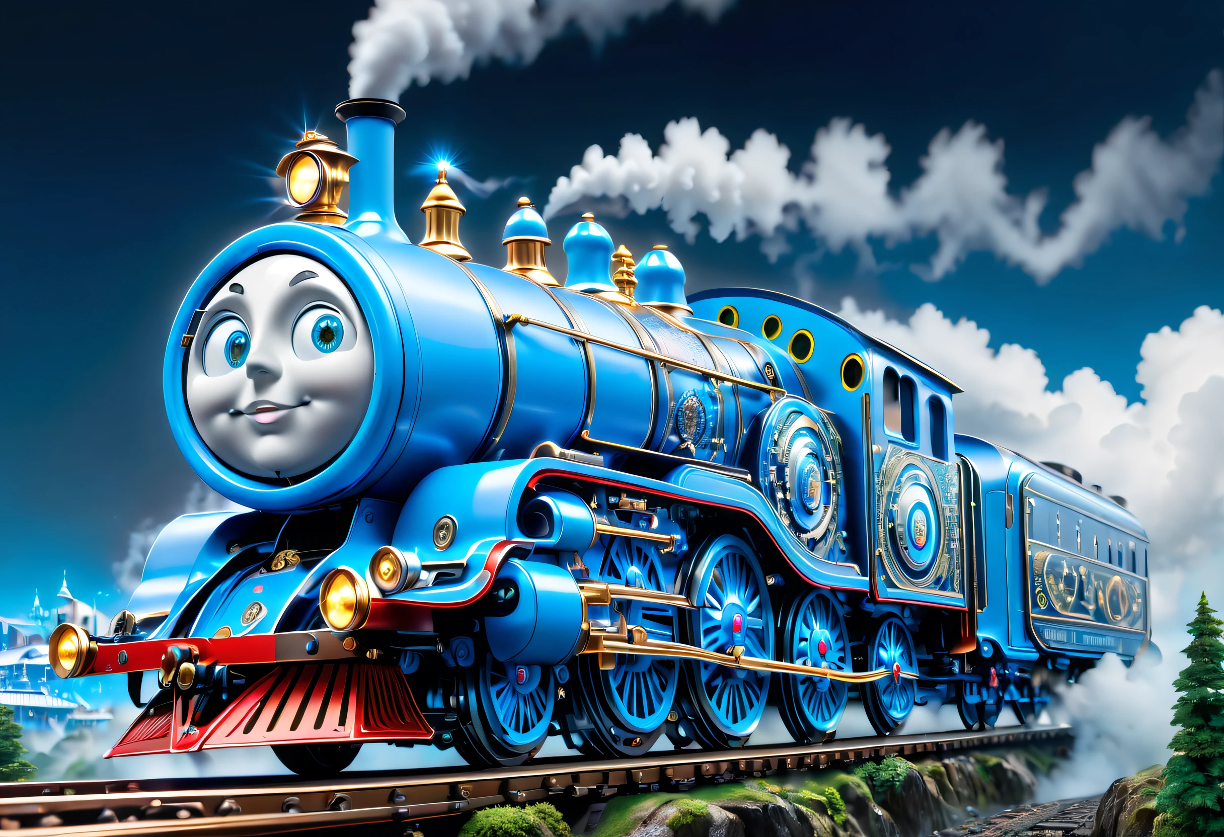 (Best quality at best, 8K, A high resolution, tmasterpiece: 1.2), ultra - detailed, A futuristic (Thomas the Little Train，blue steam train: 1.3), (中景 the scene is, Full body photo: 1.5), Colorful neon lights, High-tech mechanical parts, metal body, Detailed body and wheel designs, Running on the rails, electric green and bright blue, Dynamic glowing eyes, Reflective metal surface, ambiente dark, dynamicposes, The existence of evil, Technological progress, interlocking mechanical gears, Stylish and stylish design, motion blur effect, Meticulous craftsmanship, sci-fi vibes, Streamlined aerodynamic shape, Laser scanning pattern, holographic projections, LED light track, beautiful and unforgettable, Advanced sensors, complex algorithm, Ominous and mysterious atmosphere, electric sparks, Shiny chrome, Propulsion systems of the future, BJ_Gundam