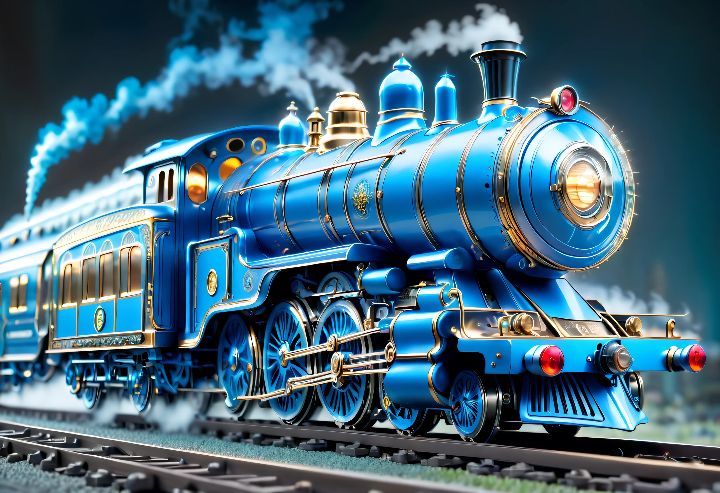 (Best quality at best, 8K, A high resolution, tmasterpiece: 1.2), ultra - detailed, A futuristic (Thomas the Little Train，blue steam train: 1.3), (中景 the scene is, Full body photo: 1.5), Colorful neon lights, High-tech mechanical parts, metal body, Detailed body and wheel designs, Running on the rails, electric green and bright blue, Dynamic glowing eyes, Reflective metal surface, ambiente dark, dynamicposes, The existence of evil, Technological progress, interlocking mechanical gears, Stylish and stylish design, motion blur effect, Meticulous craftsmanship, sci-fi vibes, Streamlined aerodynamic shape, Laser scanning pattern, holographic projections, LED light track, beautiful and unforgettable, Advanced sensors, complex algorithm, Ominous and mysterious atmosphere, electric sparks, Shiny chrome, Propulsion systems of the future, BJ_Gundam