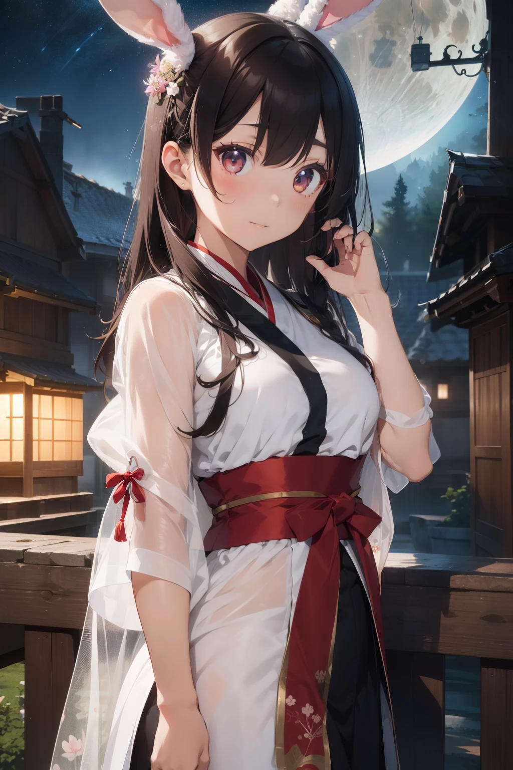 (masutepiece), (Best Quality), 8K resolution, 1girl in, Asian Girl, stunning beauty, Perfect face, maturefemale, 20yr old, Bunny ears, Hanfu, RM Dresses,rm hair ornament, Hanfu, See-through, Silk, Jewelry, Fantasy, on the moon, Simple line