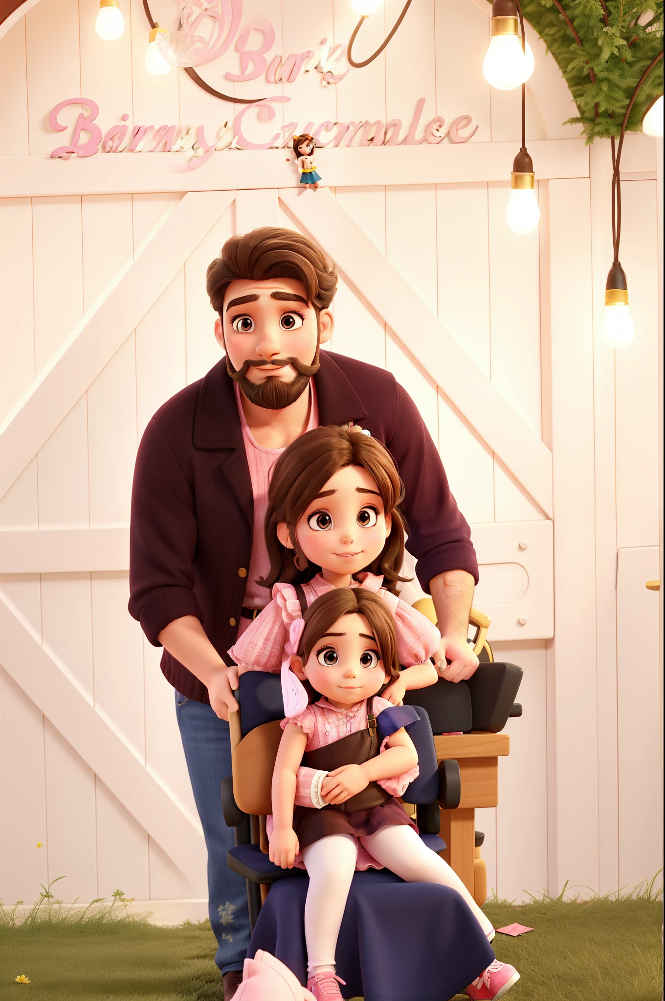 Brunette woman. Baby girl, pink dress. Man with uniform beard.