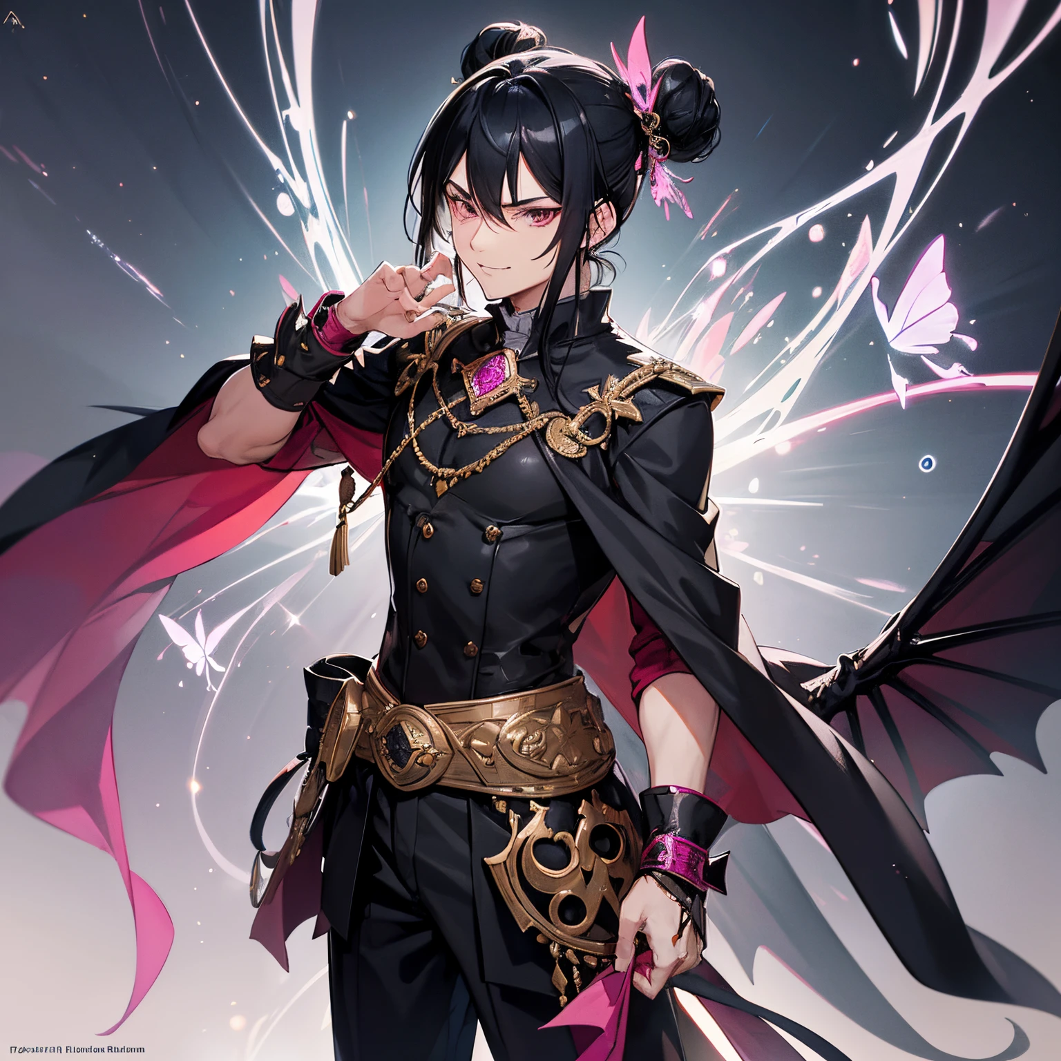 Man, masculine, macho, young, boy, Long black hair with a bun on top, a youthful appearance about twenty years old, a big smile on his face showing sharp teeth, a scar in the shape of the infinity symbol below his left eye , a thin body without many muscles, and his clothes are a large black cape and a kind of pink headdress made of metal, butterfly wings behind him and white soap bubbles with three brooches carved with a dragon on each one, his right eye shows a different color than the left