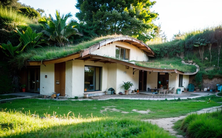A photograph of a symmetrical contemporary house with (((one waved green roof))) and (((biological pool))) in a tropical backyard, mustard yellow terracota plaster walls (((rustic clay stucco))), ((corner walls rounded)), ((rustic clay plaster)), (((terracotta walls with rounded corners, organic curves))), (((rustic earth plaster, mud))), (((wave-shaped green roof with wooden edge))), (((wooden roof structure, wooden rake, wooden fascia board))), eaves, porch with wooden pillar, ((roof with wooden structure)), In Bali (((Tropical garden))), ((natural houses, organic buildings, organic architecture)), Ecovillage, sustainable architecture, Bioconstruction architecture, solarpunk architecture, (((grass roof, green roof, green wave roof, rounded roof, vegetated roofs))), ((green architecture)), Passive house, (((Rock Foundation))), Clear sky in the background, painful beauty, modern, imposing, green house, ((Bali hobbit Hadid Style)), super resolution, cinematic, color grading, editorial photography, photography, photo shoot, (((dramatic front eye top angle view))), O 50mm, depth of field, intricate details, natural colors, sharp focus, warm light, shutter speed 1/1000, F/22, White Balance, Ray Trace Reflections, Lumen Reflections, Screen Space Reflections, Diffraction Rating, Chromatic Aberration, GB Shift, Partial Lighting, Backlighting, Daylighting, Scan Lines, ambient occlusion, antialiasing, shaders, OpenGL-Shaders, GLSL-Shaders, Post-processing, post-production, shading, tone mapping, incredibly detailed and complex, hypermaximalist, elegant, hyperrealistic, super detailed, dynamic pose, Fujifilm XT