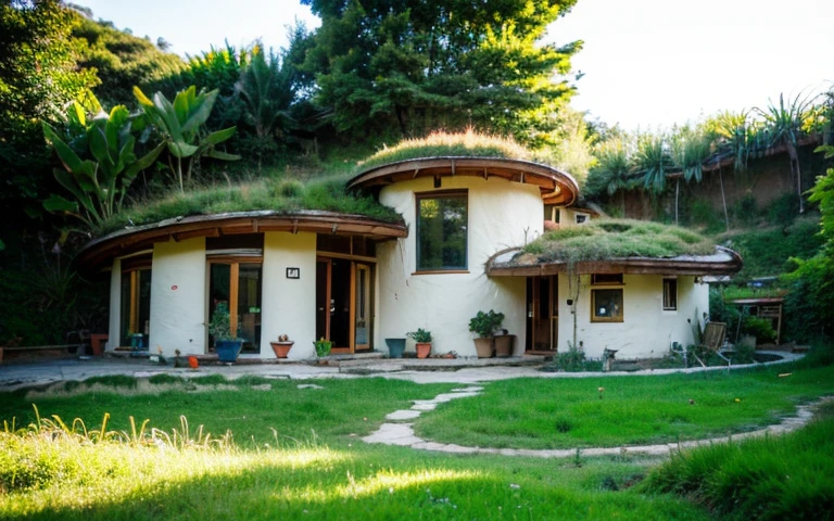 A photograph of a symmetrical contemporary house with (((one waved green roof))) and (((biological pool))) in a tropical backyard, mustard yellow terracota plaster walls (((rustic clay stucco))), ((corner walls rounded)), ((rustic clay plaster)), (((terracotta walls with rounded corners, organic curves))), (((rustic earth plaster, mud))), (((wave-shaped green roof with wooden edge))), (((wooden roof structure, wooden rake, wooden fascia board))), eaves, porch with wooden pillar, ((roof with wooden structure)), In Bali (((Tropical garden))), ((natural houses, organic buildings, organic architecture)), Ecovillage, sustainable architecture, Bioconstruction architecture, solarpunk architecture, (((grass roof, green roof, green wave roof, rounded roof, vegetated roofs))), ((green architecture)), Passive house, (((Rock Foundation))), Clear sky in the background, painful beauty, modern, imposing, green house, ((Bali hobbit Hadid Style)), super resolution, cinematic, color grading, editorial photography, photography, photo shoot, (((dramatic front eye top angle view))), O 50mm, depth of field, intricate details, natural colors, sharp focus, warm light, shutter speed 1/1000, F/22, White Balance, Ray Trace Reflections, Lumen Reflections, Screen Space Reflections, Diffraction Rating, Chromatic Aberration, GB Shift, Partial Lighting, Backlighting, Daylighting, Scan Lines, ambient occlusion, antialiasing, shaders, OpenGL-Shaders, GLSL-Shaders, Post-processing, post-production, shading, tone mapping, incredibly detailed and complex, hypermaximalist, elegant, hyperrealistic, super detailed, dynamic pose, Fujifilm XT