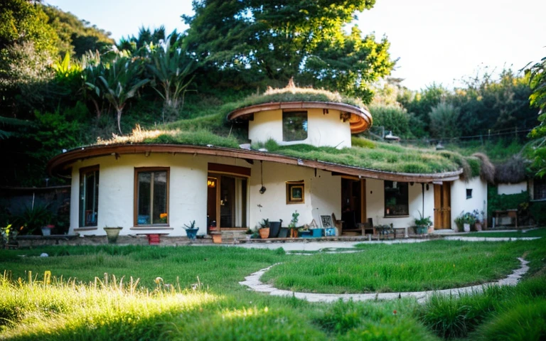 A photograph of a symmetrical contemporary house with (((one waved green roof))) and (((biological pool))) in a tropical backyard, mustard yellow terracota plaster walls (((rustic clay stucco))), ((corner walls rounded)), ((rustic clay plaster)), (((terracotta walls with rounded corners, organic curves))), (((rustic earth plaster, mud))), (((wave-shaped green roof with wooden edge))), (((wooden roof structure, wooden rake, wooden fascia board))), eaves, porch with wooden pillar, ((roof with wooden structure)), In Bali (((Tropical garden))), ((natural houses, organic buildings, organic architecture)), Ecovillage, sustainable architecture, Bioconstruction architecture, solarpunk architecture, (((grass roof, green roof, green wave roof, rounded roof, vegetated roofs))), ((green architecture)), Passive house, (((Rock Foundation))), Clear sky in the background, painful beauty, modern, imposing, green house, ((Bali hobbit Hadid Style)), super resolution, cinematic, color grading, editorial photography, photography, photo shoot, (((dramatic front eye top angle view))), O 50mm, depth of field, intricate details, natural colors, sharp focus, warm light, shutter speed 1/1000, F/22, White Balance, Ray Trace Reflections, Lumen Reflections, Screen Space Reflections, Diffraction Rating, Chromatic Aberration, GB Shift, Partial Lighting, Backlighting, Daylighting, Scan Lines, ambient occlusion, antialiasing, shaders, OpenGL-Shaders, GLSL-Shaders, Post-processing, post-production, shading, tone mapping, incredibly detailed and complex, hypermaximalist, elegant, hyperrealistic, super detailed, dynamic pose, Fujifilm XT