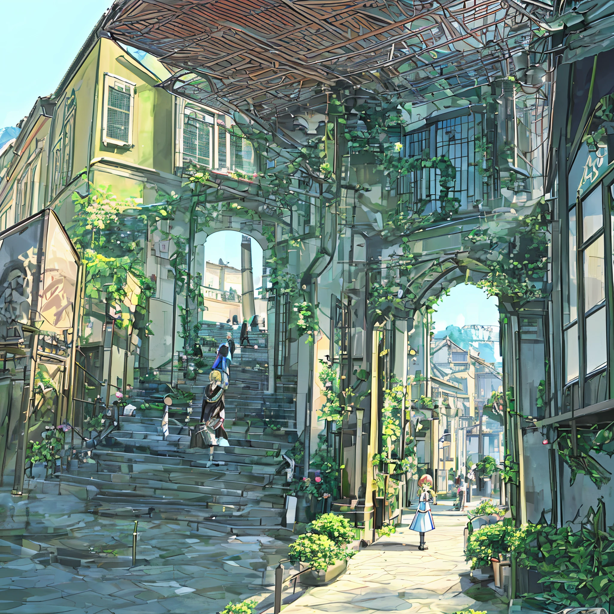 I stepped through the grand entrance. The area was crowded with people. Among those people were nobles and royals. I could hear the hushed whispers and excited murmurs of everyone watching. Someone, however, caught my eye. A lone, yellow-haired girl who looked about seven years old was surrounded by a crowd. She was wearing a fancy-looking dress and had a scared expression on her face. fantai12, scared expression The background is the centre of a massive kingdom, with stalls all around. It's morning with the sun still rising.