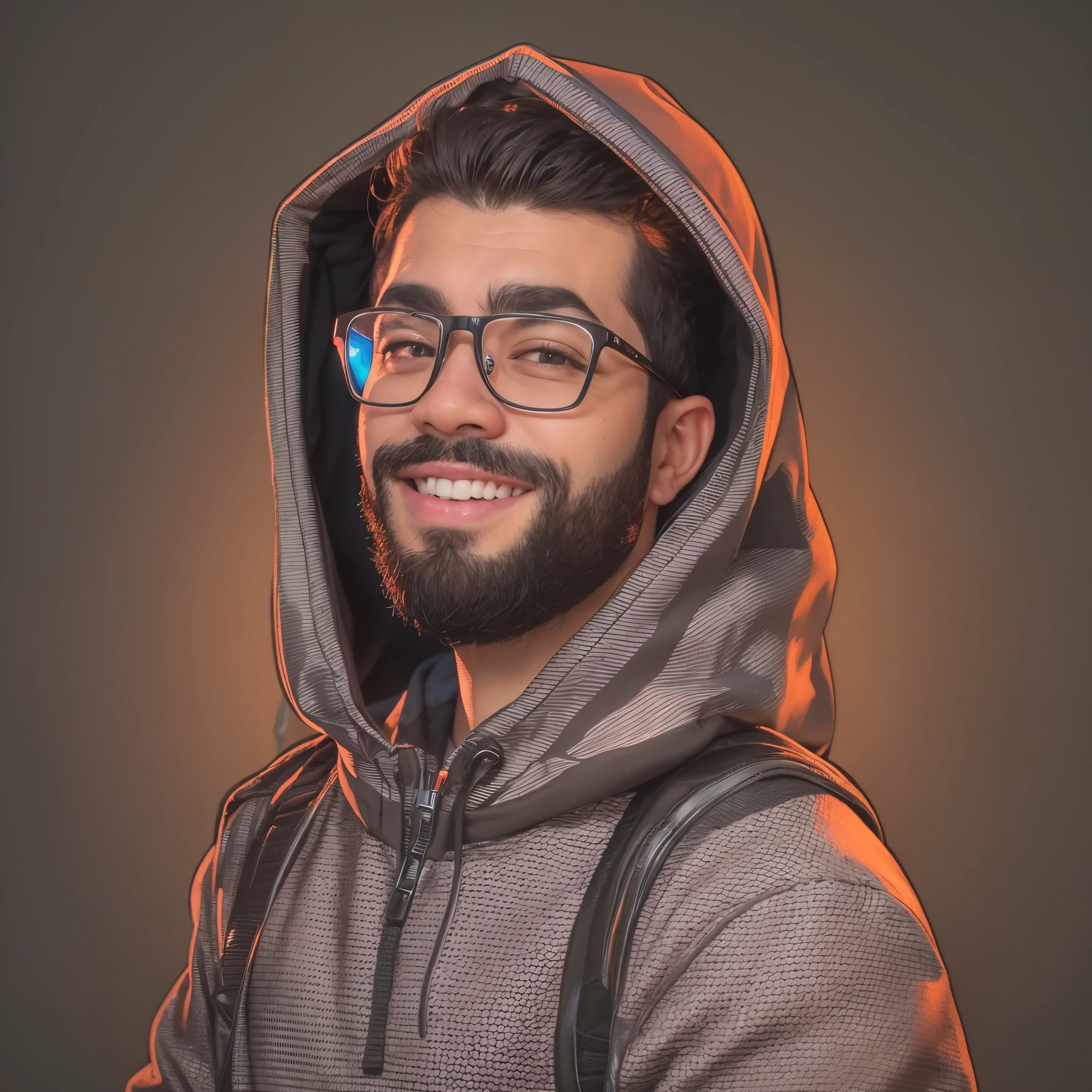 (Piva) Create a high-quality 2D cartoon portrait of a man wearing glasses and a hoodie, exibindo um sorriso alegre. Este retrato destina-se ao uso como NFT, uma imagem de avatar, uma foto de perfil do Discord, e um retrato de conceito de personagem para o streamer e jogador da Twitch conhecido como PivaArts. O retrato completo deve ser detalhado e capturar a personalidade e o estilo da PivaArts, Becoming a Statement Piece. The focus is on a character headshot portrait fit for a Twitch streamer.