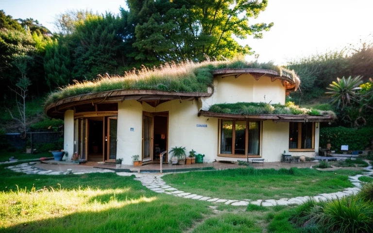 A photograph of a symmetrical contemporary house with (((one waved green roof))) and (((biological pool))) in a tropical backyard, mustard yellow terracota plaster walls (((rustic clay stucco))), ((corner walls rounded)), ((rustic clay plaster)), (((terracotta walls with rounded corners, organic curves))), (((rustic earth plaster, mud))), (((wave-shaped green roof with wooden edge))), (((wooden roof structure, wooden rake, wooden fascia board))), eaves, porch with wooden pillar, ((roof with wooden structure)), In Bali (((Tropical garden))), ((natural houses, organic buildings, organic architecture)), Ecovillage, sustainable architecture, Bioconstruction architecture, solarpunk architecture, (((grass roof, green roof, green wave roof, rounded roof, vegetated roofs))), ((green architecture)), Passive house, (((Rock Foundation))), Clear sky in the background, painful beauty, modern, imposing, green house, ((Bali hobbit Hadid Style)), super resolution, cinematic, color grading, editorial photography, photography, photo shoot, (((dramatic front eye top angle view))), O 50mm, depth of field, intricate details, natural colors, sharp focus, warm light, shutter speed 1/1000, F/22, White Balance, Ray Trace Reflections, Lumen Reflections, Screen Space Reflections, Diffraction Rating, Chromatic Aberration, GB Shift, Partial Lighting, Backlighting, Daylighting, Scan Lines, ambient occlusion, antialiasing, shaders, OpenGL-Shaders, GLSL-Shaders, Post-processing, post-production, shading, tone mapping, incredibly detailed and complex, hypermaximalist, elegant, hyperrealistic, super detailed, dynamic pose, Fujifilm XT