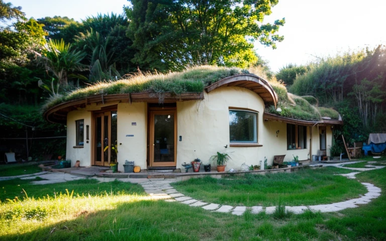 A photograph of a symmetrical contemporary house with (((one waved green roof))) and (((biological pool))) in a tropical backyard, mustard yellow terracota plaster walls (((rustic clay stucco))), ((corner walls rounded)), ((rustic clay plaster)), (((terracotta walls with rounded corners, organic curves))), (((rustic earth plaster, mud))), (((wave-shaped green roof with wooden edge))), (((wooden roof structure, wooden rake, wooden fascia board))), eaves, porch with wooden pillar, ((roof with wooden structure)), In Bali (((Tropical garden))), ((natural houses, organic buildings, organic architecture)), Ecovillage, sustainable architecture, Bioconstruction architecture, solarpunk architecture, (((grass roof, green roof, green wave roof, rounded roof, vegetated roofs))), ((green architecture)), Passive house, (((Rock Foundation))), Clear sky in the background, painful beauty, modern, imposing, green house, ((Bali hobbit Hadid Style)), super resolution, cinematic, color grading, editorial photography, photography, photo shoot, (((dramatic front eye top angle view))), O 50mm, depth of field, intricate details, natural colors, sharp focus, warm light, shutter speed 1/1000, F/22, White Balance, Ray Trace Reflections, Lumen Reflections, Screen Space Reflections, Diffraction Rating, Chromatic Aberration, GB Shift, Partial Lighting, Backlighting, Daylighting, Scan Lines, ambient occlusion, antialiasing, shaders, OpenGL-Shaders, GLSL-Shaders, Post-processing, post-production, shading, tone mapping, incredibly detailed and complex, hypermaximalist, elegant, hyperrealistic, super detailed, dynamic pose, Fujifilm XT