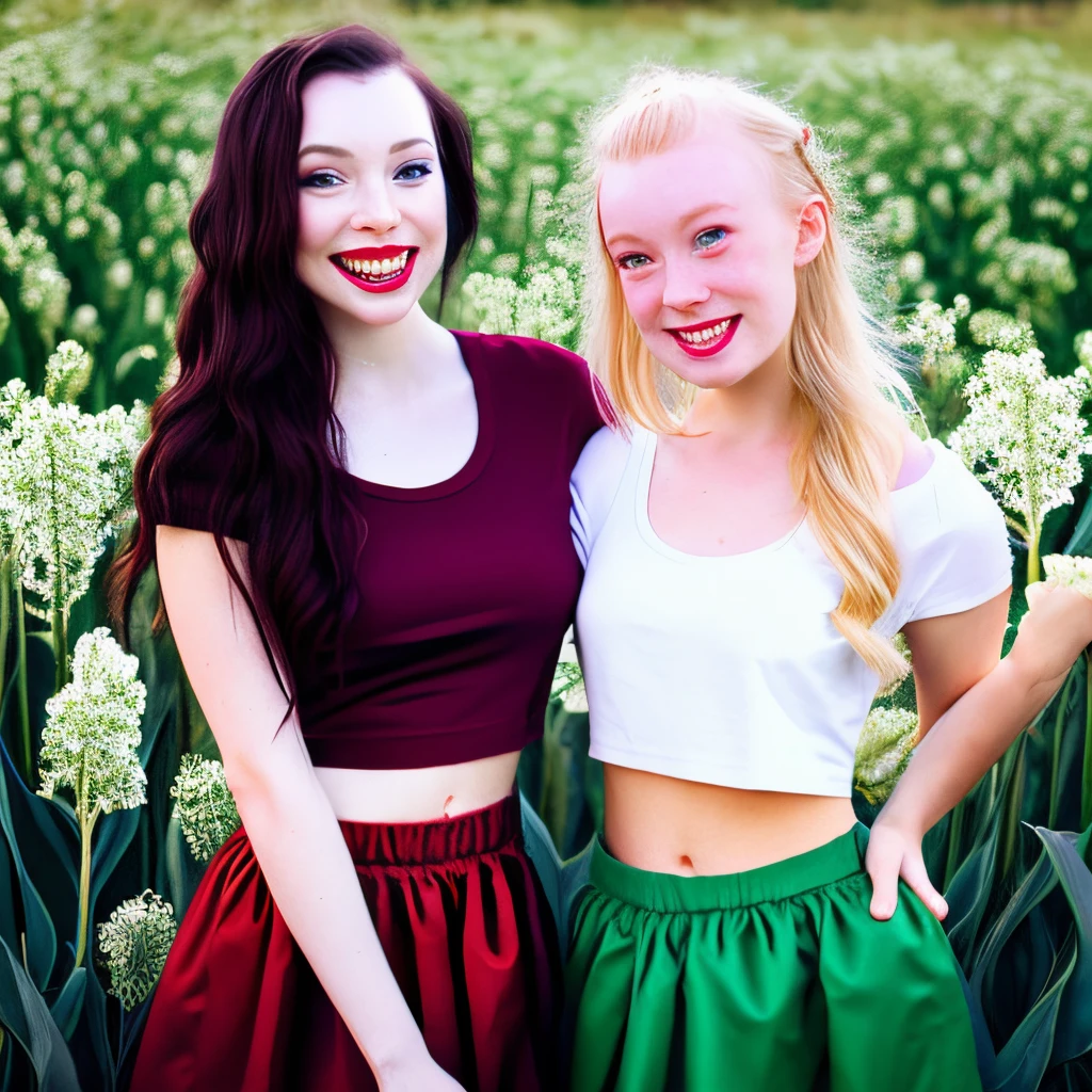 make a disney inspired picture of two girls, one with long black hair curled, brown eyes and tan ish skin wearing burgundy sweatpants and a black short sleeve crop top holding a small bouqet of flowers and the other girl with medium long blonde highlighted curled hair, green eyes and pale skin wearing a black skirt and white tank top, ans they are standing in a grassy backyard