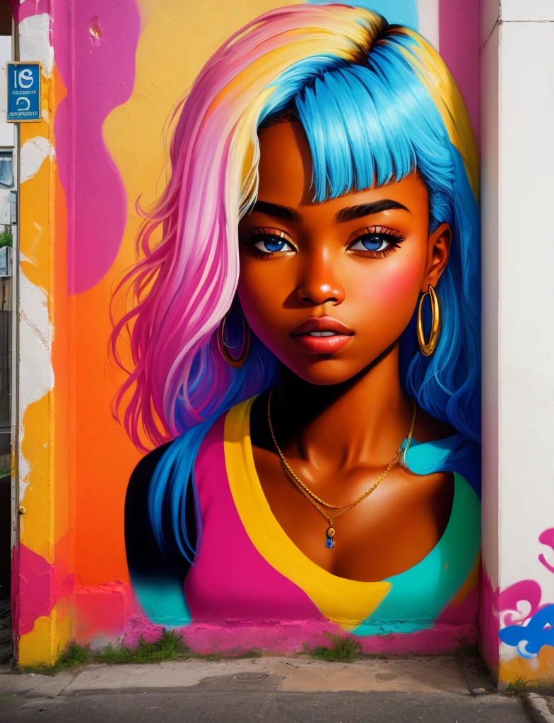 Graffiti painting, street art, 24k extremely detailed CG unit wallpaper, 16k landscape, artwork, masterpiece, best quality, amazing light brushstrokes, of a 21 year old African American girl with platinum hair in graffiti style on a white wall with vibrant colors.