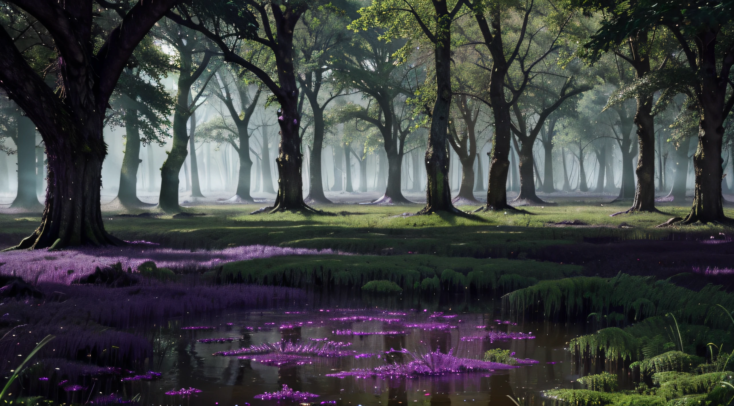 Hell's mystic mossy Swamp, waters contaminated with purple slimes and purple crystals on the ground and several trees glowing green and purple all over the swamp, 8k, 4k