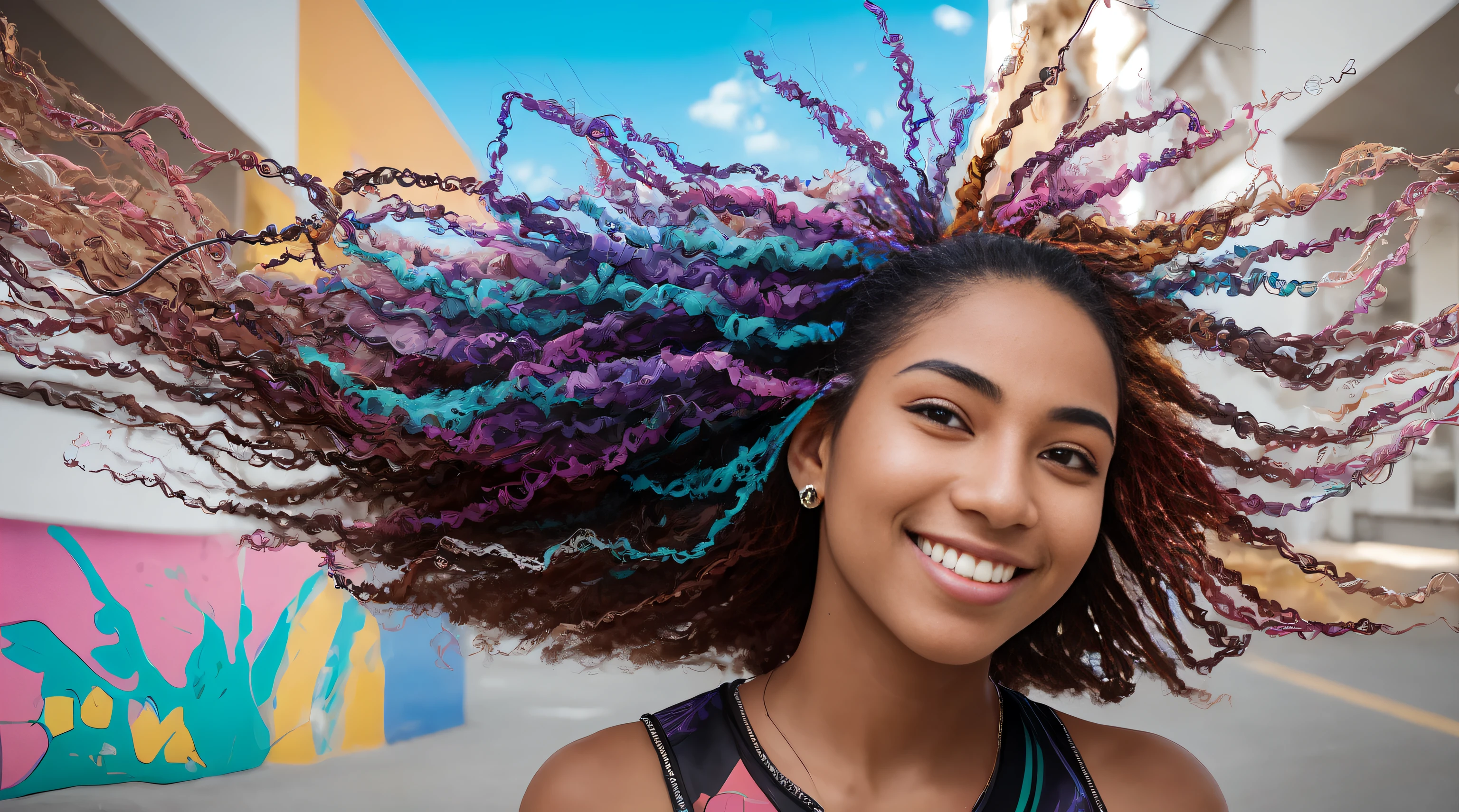 multicolored hair, crown, dashed eyes, smile, Hyperrealism, cinematic lighting, close-up, Ultra-Wide Angle, 135mm, Canon, best quality, high quality, super detail 20-year-old Brazilian student ambles through the bustling university campus. Dressed in lively attire, her carefree hair dances with the breeze. The details on her face showcase a mix of curiosity and focus. In the backdrop, murals of abstract and futuristic urban art contribute to the modern and inspiring ambiance. Engaged in conversations, she exudes a vibrant presence, navigating an academic environment that seamlessly fuses art, innovation, and learning.