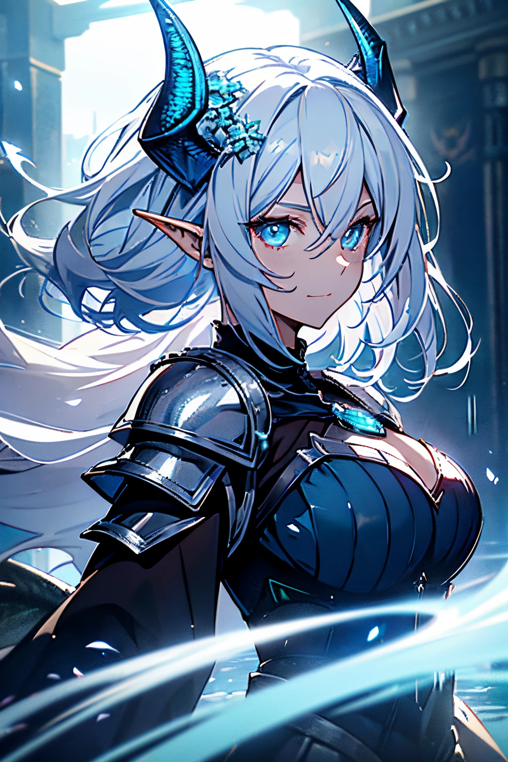 With white hair and Blue eyes,beautiful as a fairy,A lovable and happy expression that stirs affection,side face,floating hair,light particles,glare,vivid,fancy,dreamlike,a dim atomshpere, ((Dragon Girl)) ((Blue Horns)) ((Dark Fantasy)) ((Elden Ring)) ((Mature Woman)) (((Dragon Scales Armor)))