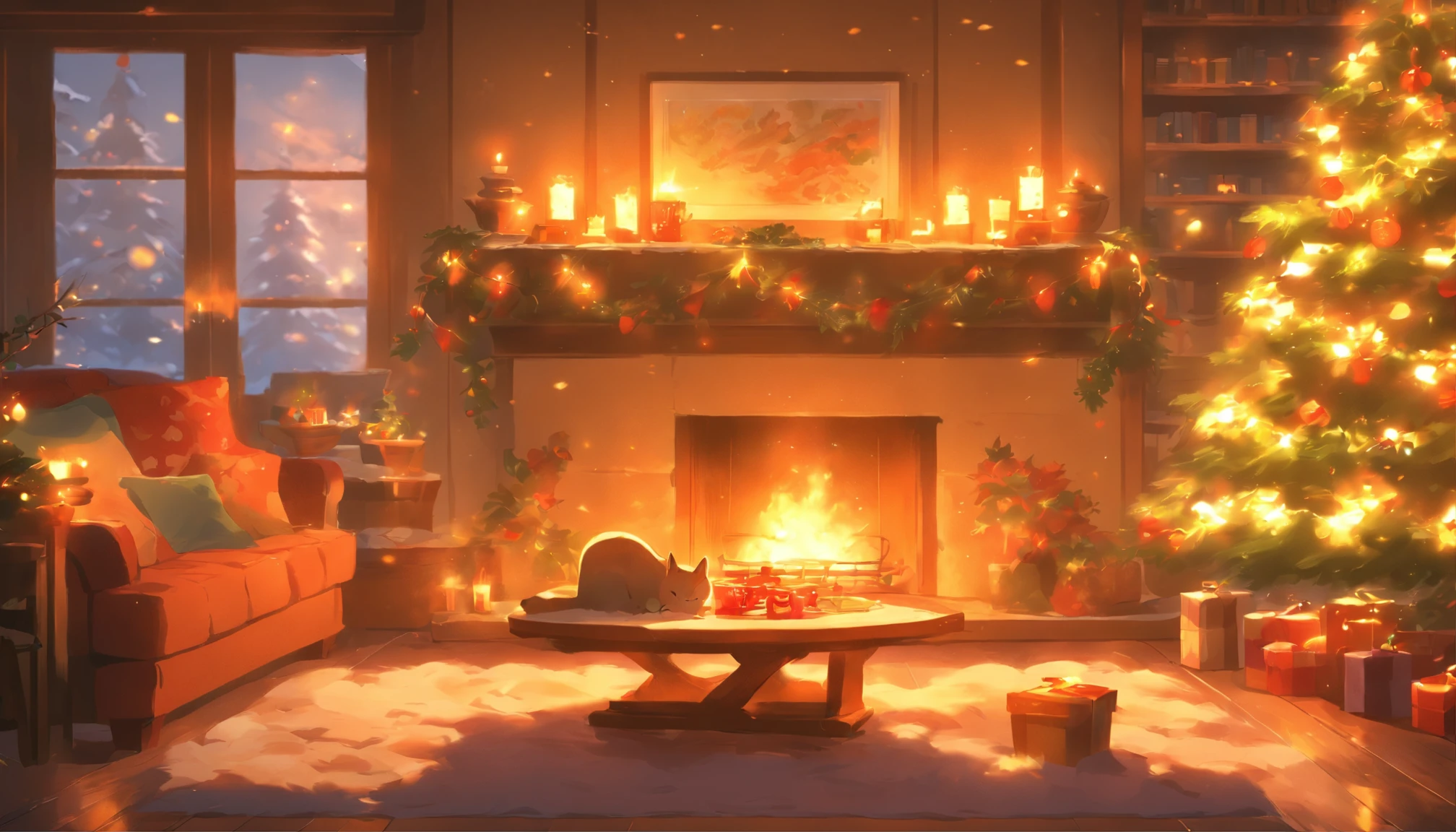 Create a warm and inviting living room scene with the following elements:
A large, crackling fireplace as the focal point of the room, emitting a comforting glow.
Inside the fireplace, a relaxing fire with dancing flames that cast a gentle light across the space.
On the floor near the fireplace, a content cat lounging comfortably and enjoying the warmth.
Christmas stockings hanging from the fireplace mantle, adorned with festive decorations.
A cozy coffee table in the center of the room, featuring a cup of steamy coffee and a neatly arranged bento meal.
The overall ambiance should evoke a sense of tranquility and holiday warmth, capturing the essence of a peaceful winter evening in a well-decorated living room. Pay attention to details like the texture of the fireplace, the expressions of the cat, and the inviting appeal of the scene. Feel free to add any additional elements that enhance the cozy atmosphere.