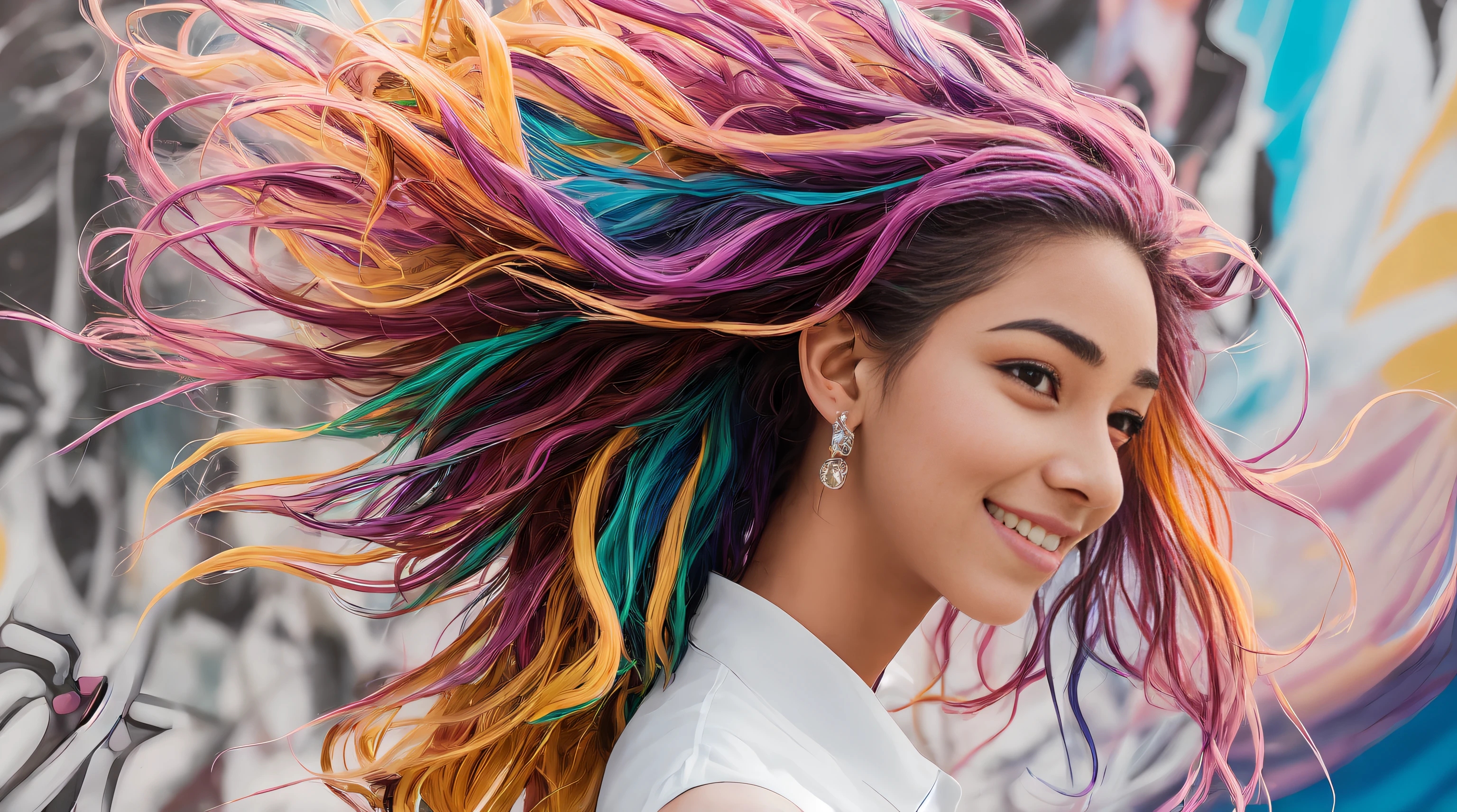 multicolored hair, crown, dashed eyes, smile, Hyperrealism, cinematic lighting, close-up, Ultra-Wide Angle, 135mm, Canon, best quality, high quality, super detail 20-year-old Brazilian student ambles through the bustling university campus. Dressed in lively attire, her carefree hair dances with the breeze. The details on her face showcase a mix of curiosity and focus. In the backdrop, murals of abstract and futuristic urban art contribute to the modern and inspiring ambiance. Engaged in conversations, she exudes a vibrant presence, navigating an academic environment that seamlessly fuses art, innovation, and learning.