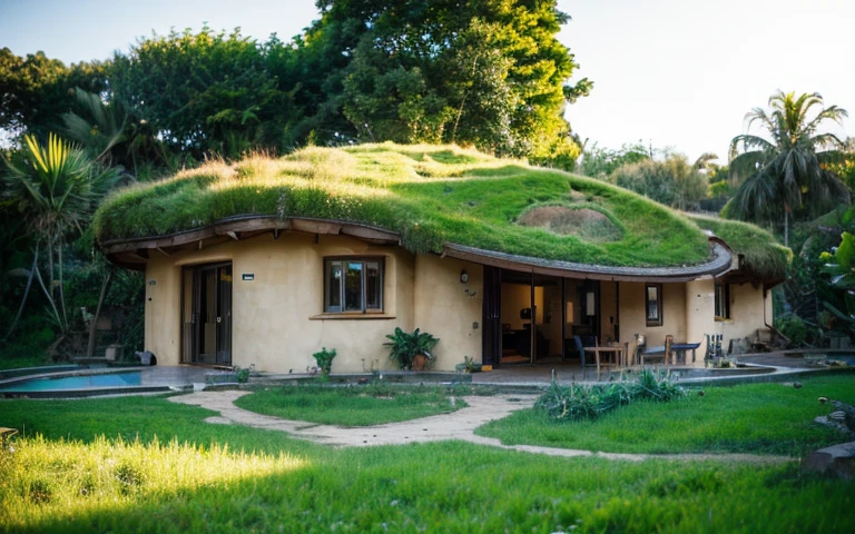 A photograph of a symmetrical contemporary house with (((one waved green roof))) and (((biological pool))) in a tropical backyard, mustard yellow terracota plaster walls (((rustic clay stucco))), ((corner walls rounded)), ((rustic clay plaster)), (((terracotta walls with rounded corners, organic curves))), (((rustic earth plaster, mud))), (((wave-shaped green roof with wooden edge))), (((wooden roof structure, wooden rake, wooden fascia board))), eaves, porch with wooden pillar, ((roof with wooden structure)), In Bali (((Tropical garden))), ((natural houses, organic buildings, organic architecture)), Ecovillage, sustainable architecture, Bioconstruction architecture, solarpunk architecture, (((grass roof, green roof, green wave roof, rounded roof, vegetated roofs))), ((green architecture)), Passive house, (((Rock Foundation))), Clear sky in the background, painful beauty, modern, imposing, green house, ((Bali hobbit Hadid Style)), super resolution, cinematic, color grading, editorial photography, photography, photo shoot, (((dramatic front eye top angle view))), O 50mm, depth of field, intricate details, natural colors, sharp focus, warm light, shutter speed 1/1000, F/22, White Balance, Ray Trace Reflections, Lumen Reflections, Screen Space Reflections, Diffraction Rating, Chromatic Aberration, GB Shift, Partial Lighting, Backlighting, Daylighting, Scan Lines, ambient occlusion, antialiasing, shaders, OpenGL-Shaders, GLSL-Shaders, Post-processing, post-production, shading, tone mapping, incredibly detailed and complex, hypermaximalist, elegant, hyperrealistic, super detailed, dynamic pose, Fujifilm XT