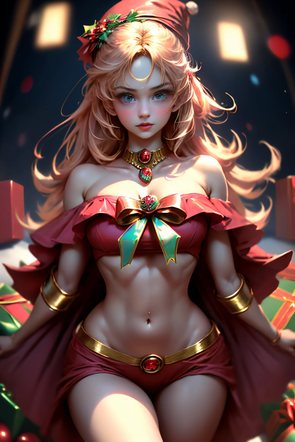 (La mejor calidad,Ultra detallado,realista:1.37),Mujer vestida con un vestido corto rojo, hermosos ojos detallados, hermosos labios detallados, Pelo rubio largo. Cara feliz y emocionada, pantalones cortos rojos, sosteniendo un regalo azul de Navidad, pose expresiva, Artistic lighting, retrato, colores contrastantes, dynamic composition, colorful background with christmas decoration, like Christmas tree with lights and gifts under it, (cuerpo completo:1.5)