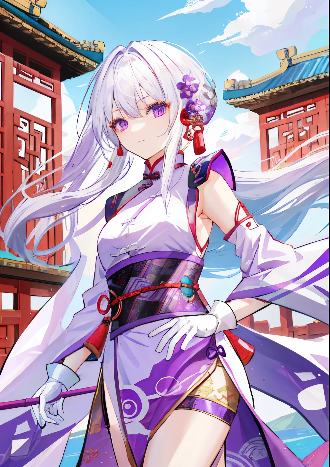 Women began to exist in the Han Dynasty，7headed body，Cute and cute，Enjoying The Scenery，，White hair，put on purple robe(Covers the entire body)，Long white gloves are worn on the elbows(Must go past the elbow)，ancient buildings of China